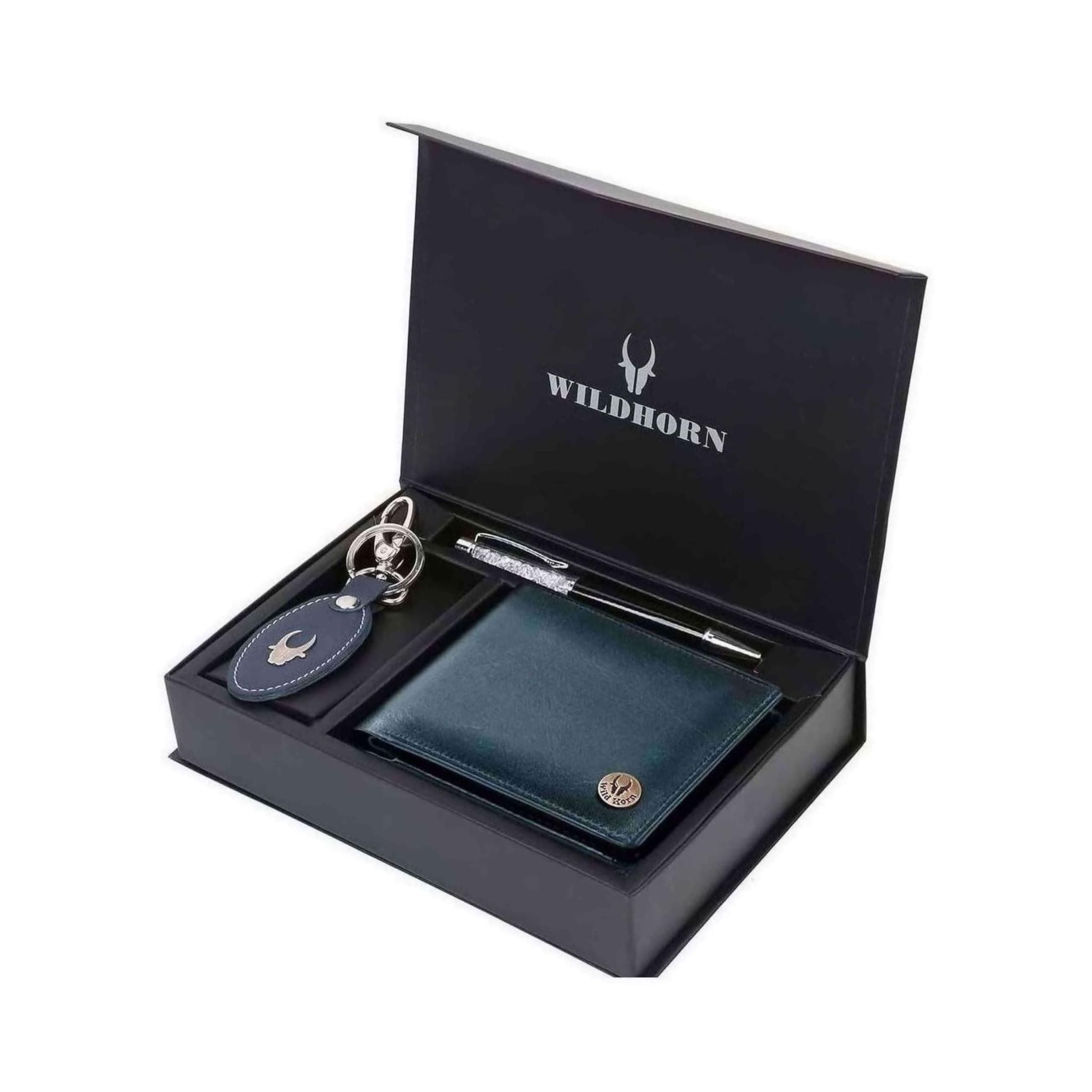 WildHorn Leather Wallet, Keychain & Pen Combo I Gift Hamper for Men (Blue Crunch)