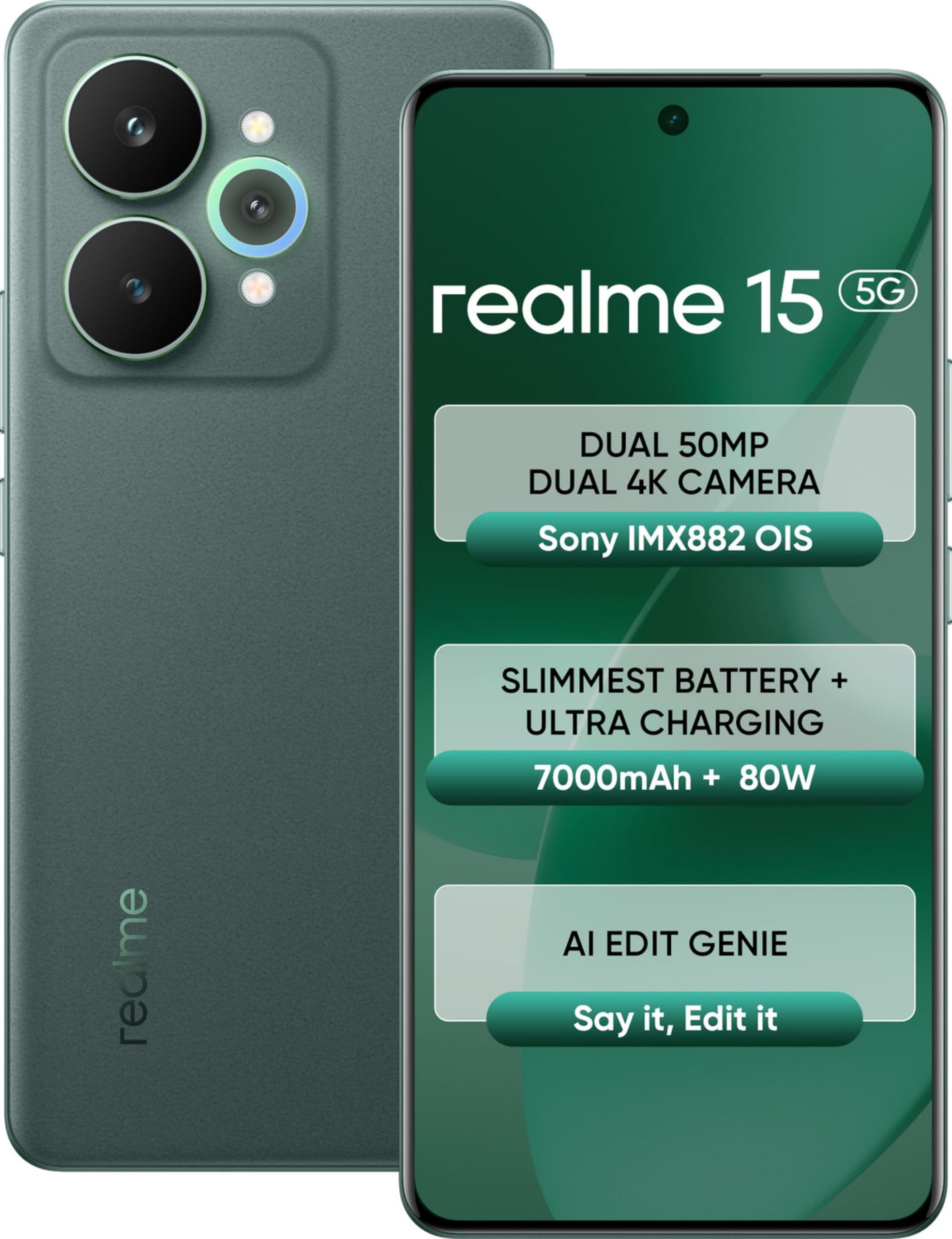 realme 15 5G (Velvet Green, 8GB RAM, 256GB Storage) | 6.8" FHD+ LCD 120Hz | 50MP Triple AI Camera | 50MP Selfie | Dimensity 7300+ 5G | 7000mAh | 80W Fast Charging | Android 15 | Dual SIM