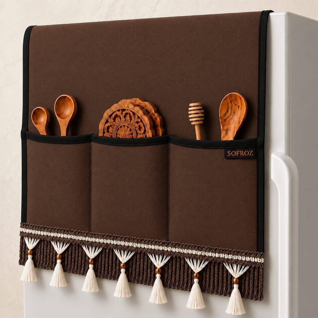 SOFROZ Refrigerator Single Door Waterproof, Dustproof, Protective Cover for Fridges with Extra Storage Space Nylon Top Cover with 6 Storage Pockets (130 x 54 cm) (Brown Lace)