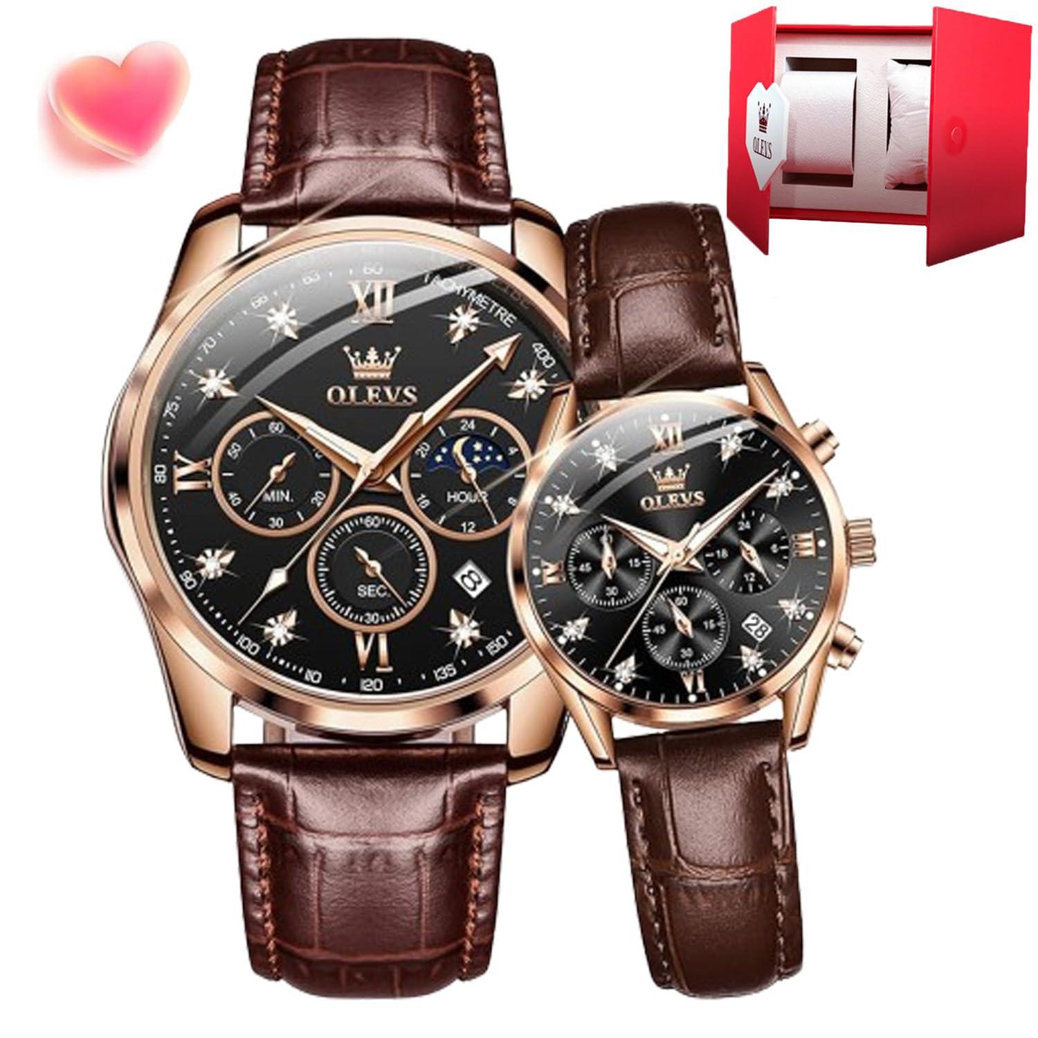 OLEVS Valentines Couple Pair Quartz Watches His and Her Couple Set Leather Chronograph Diamond Wrist Watch Men Women Lovers Wedding Romantic Gifts (IN-2888+5523-Couple - Black Face)