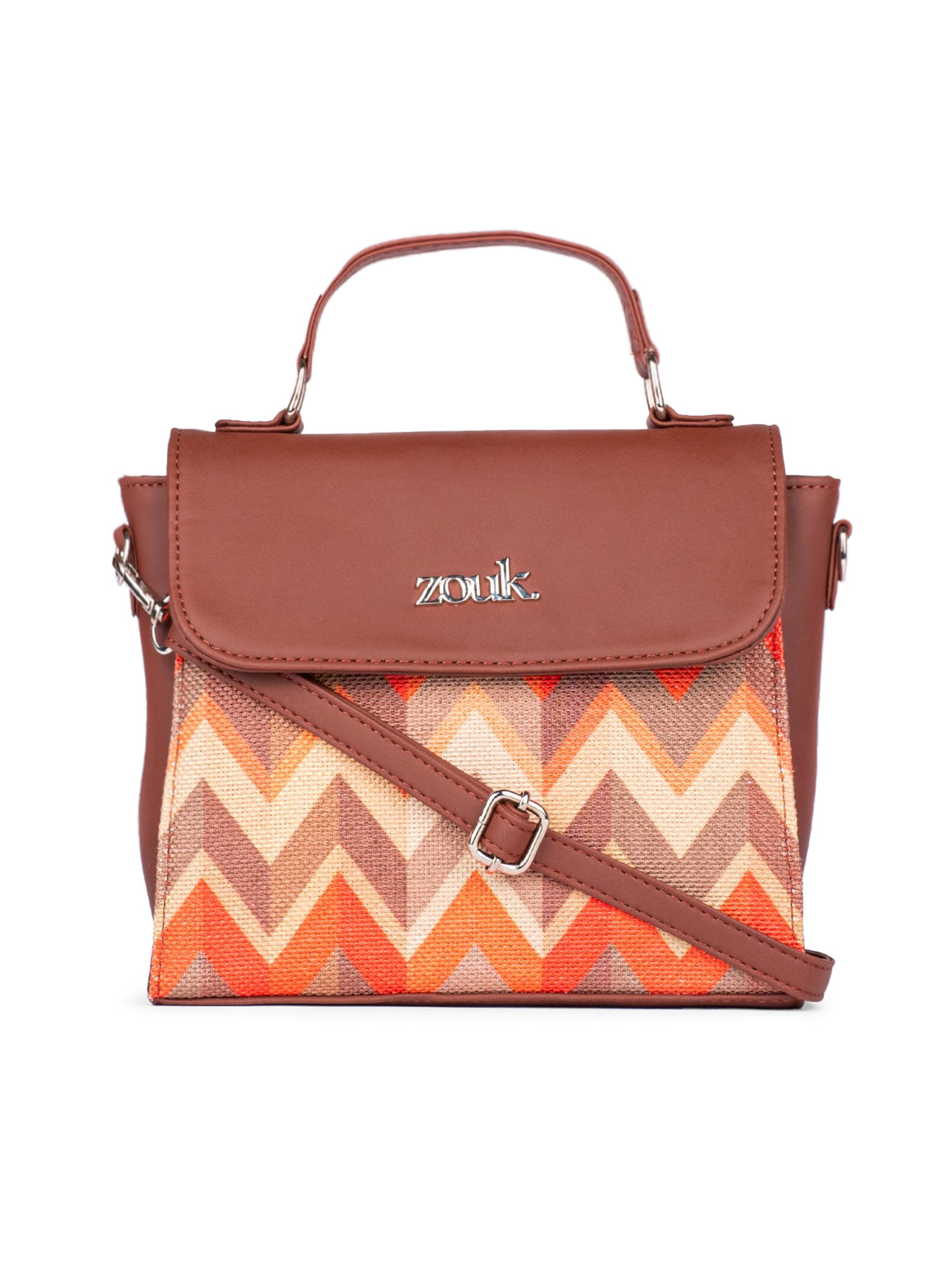 ZOUK Tidal Wave Printed Vegan Leather Orange Statement Sling Bag With Handle For Women's Girls