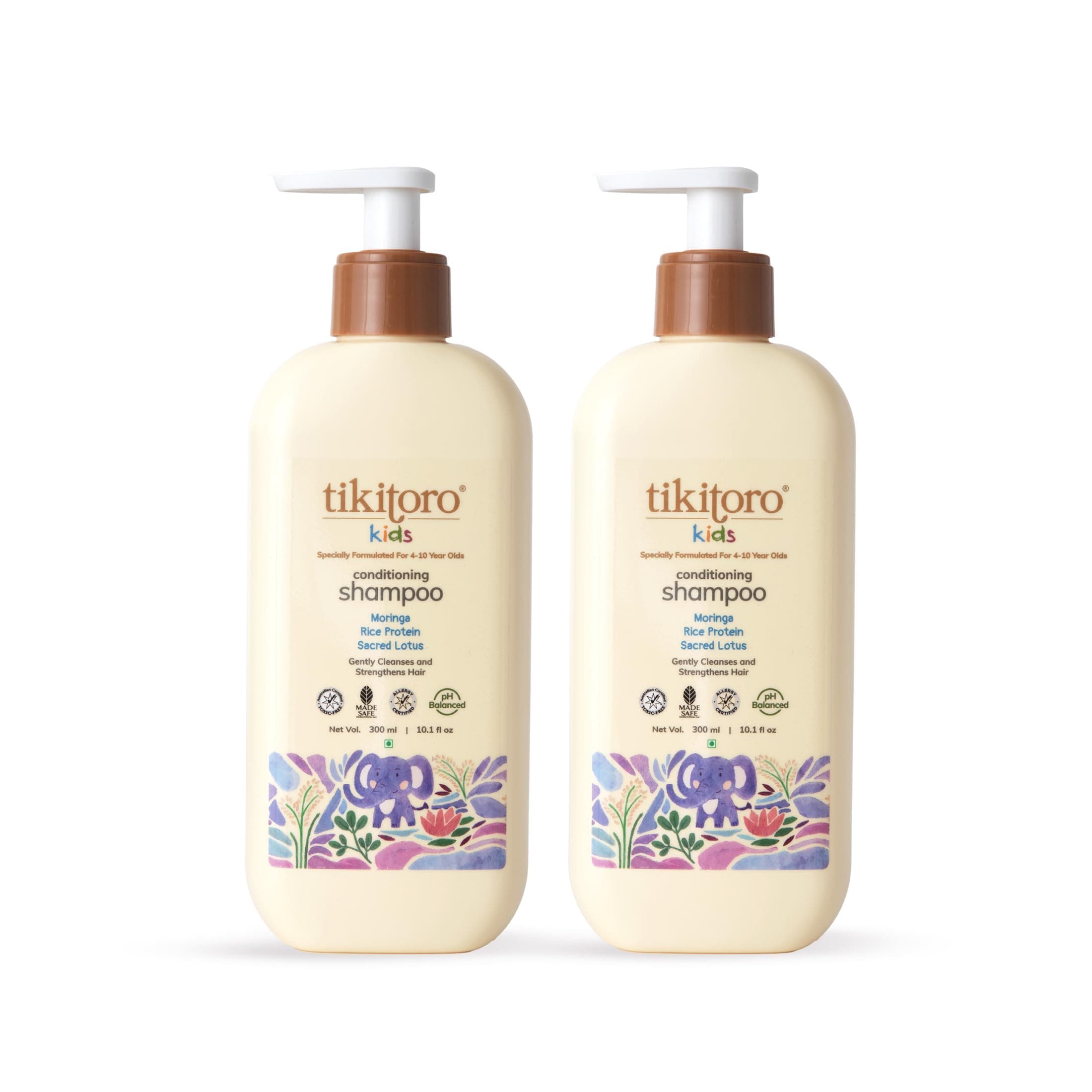 Tikitoro Kids Conditioning Shampoo, 100% Vegan with Moringa, Rice Protein and Sacred Lotus Extract with No Parabens & Sulphates (Age: 4+ Years) (300 ml x 2)