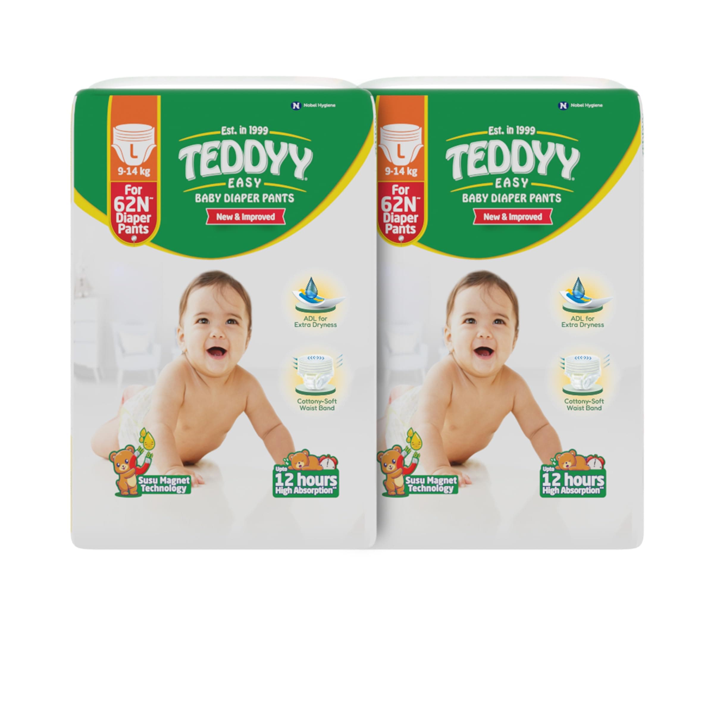 TEDDYY Easy Baby L Size Diaper Pant Style | 124 Count (Large) | 9–14 kg (Pack of 2) | Long Protection Hours | Anti-Bacterial | Airy Breathable Fit | Rapid Soaker Channels with Wetness Indicator