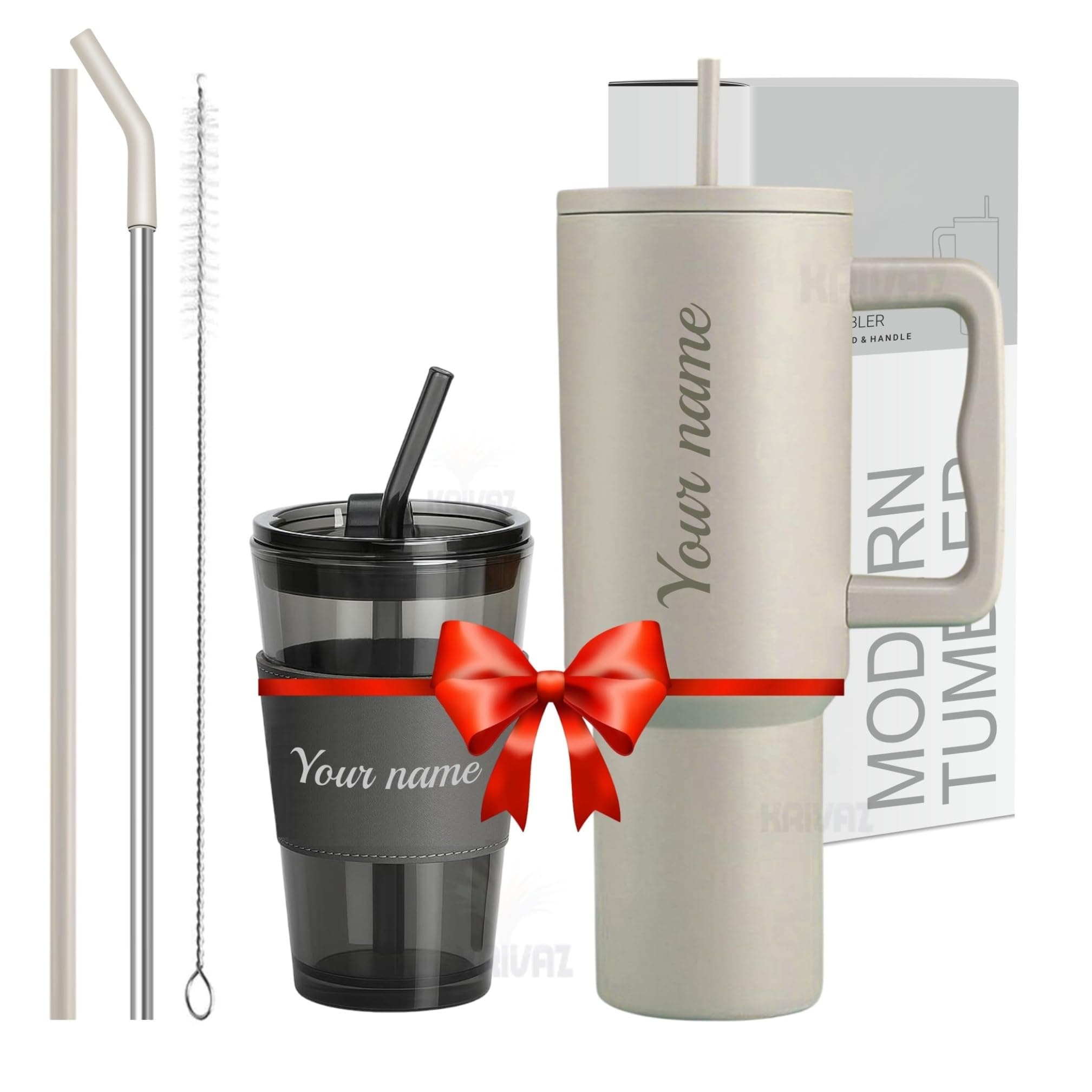 KRIVAZ Stainless Steel Tumbler with Lid & Straw, 100% Leakproof Tumblers with Handle, Sipper for Office,Gym & Outdoors 1200ml Tumbler (Cream + Black Mugs)