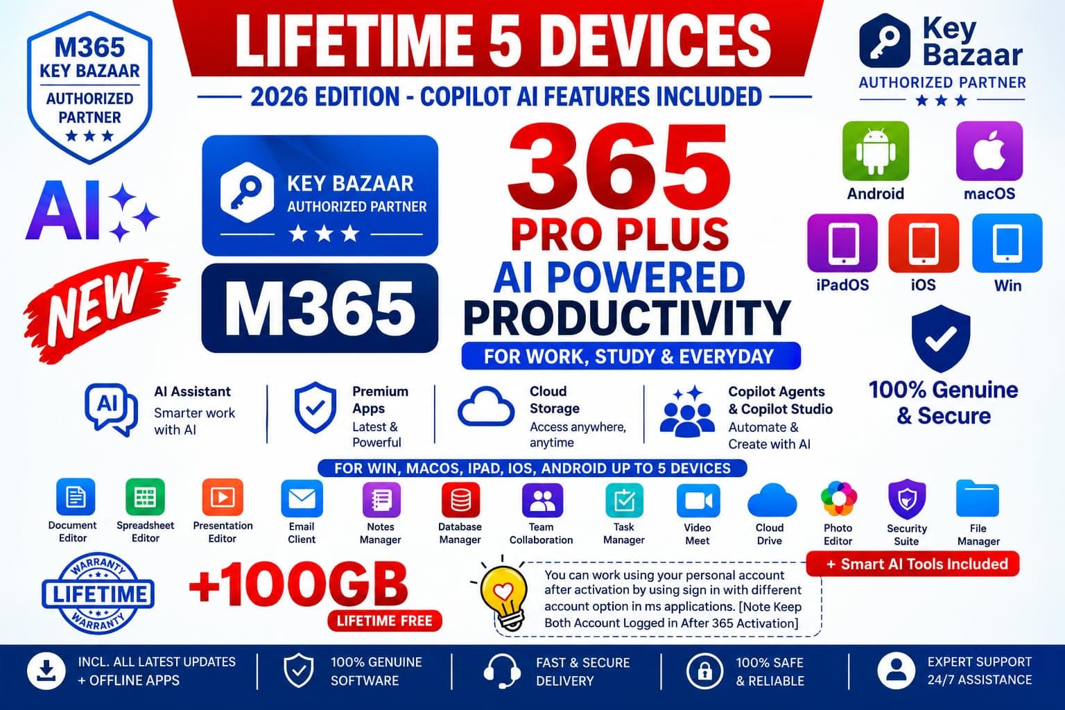 Key Bazaar 365 Professional Plus MS (2026) with New Coilot Ai Edition | (upto 5-6 Devices, Lifetime Validity) for Win, iOS, macOS, iPADOS, Android | 100GB Storage (Cloud+Outlook) for lifetime | Regular Updates with Unlimited Reinstallations