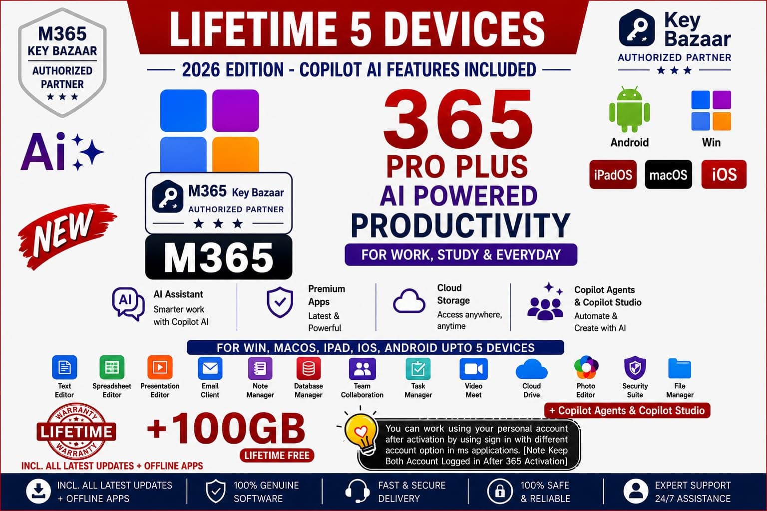 365 Professional Plus MS (2026) with New Coilot Ai Edition | (upto 5-6 Devices, Lifetime Validity) for Win, iOS, macOS, iPADOS, Android | 100GB Storage (Cloud+Outlook) for lifetime | Regular Updates with Unlimited Reinstallations