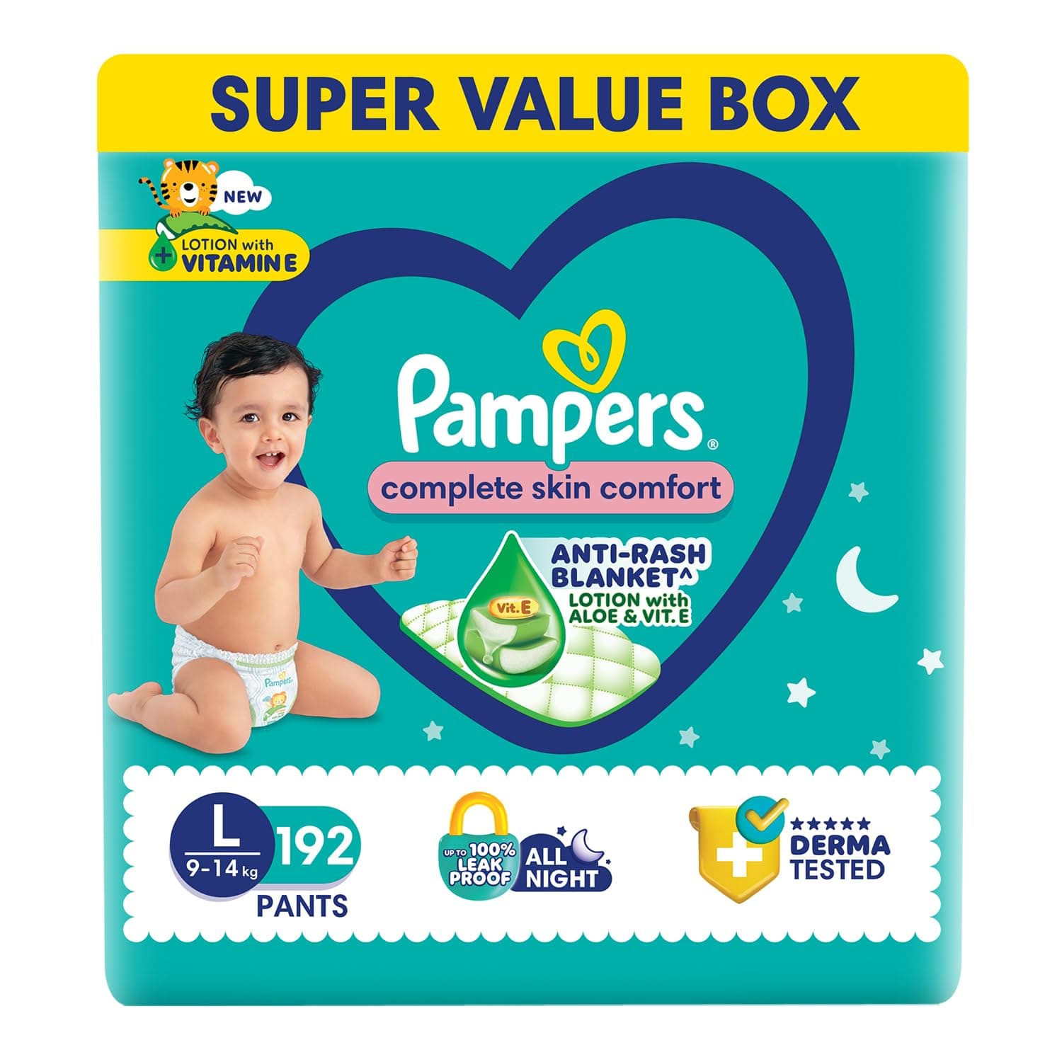Pampers Complete Skin Comfort Pants, Large (L), 192 Count Anti-rash blanket, Lotion with Vitamin E & Aloe Vera, 9-14kg