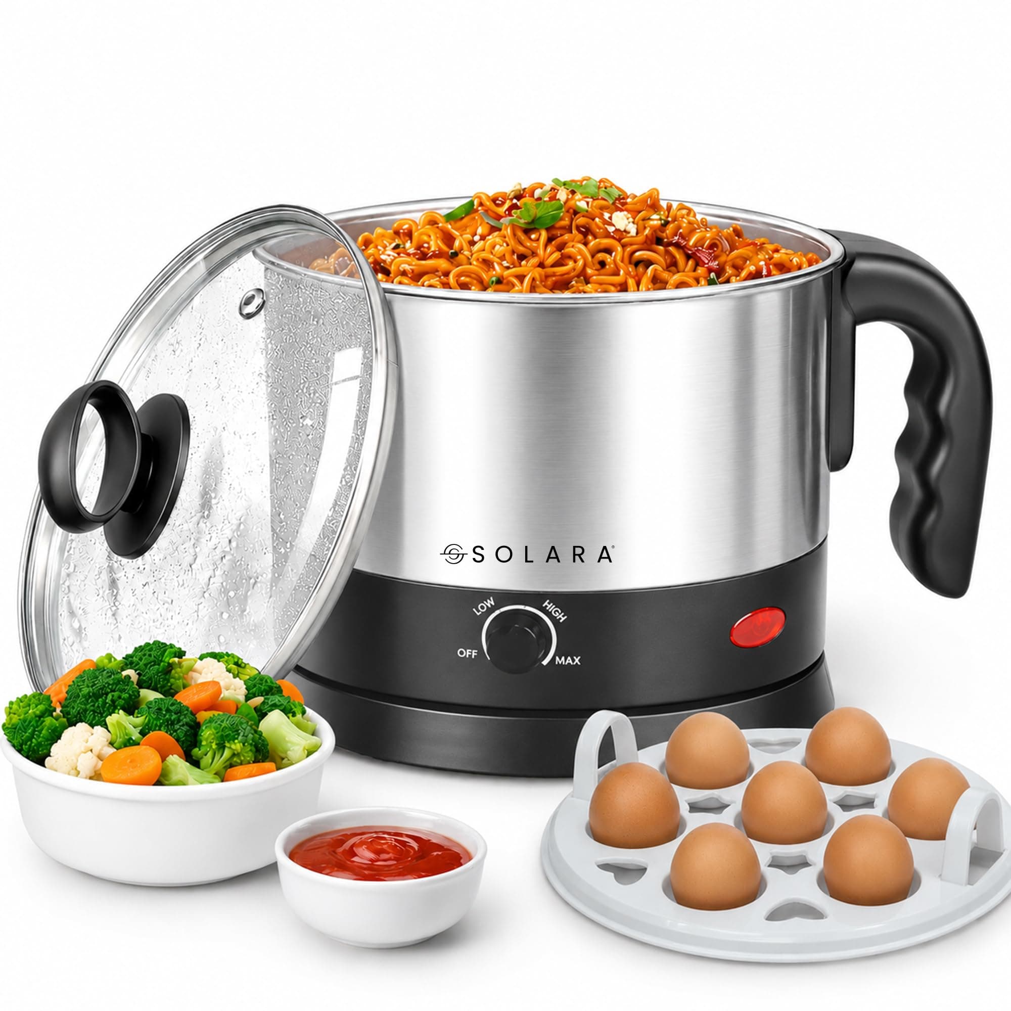 SOLARA Electric Kettle Multipurpose 1.5 Litre, 600 Watts, Stainless Steel Body with Glass Lid, 3 Boiling Modes, for Hot Water, Milk, Tea, Coffee, Cooking Oats, Noodles, Soup, Egg Boiler Machine-Black