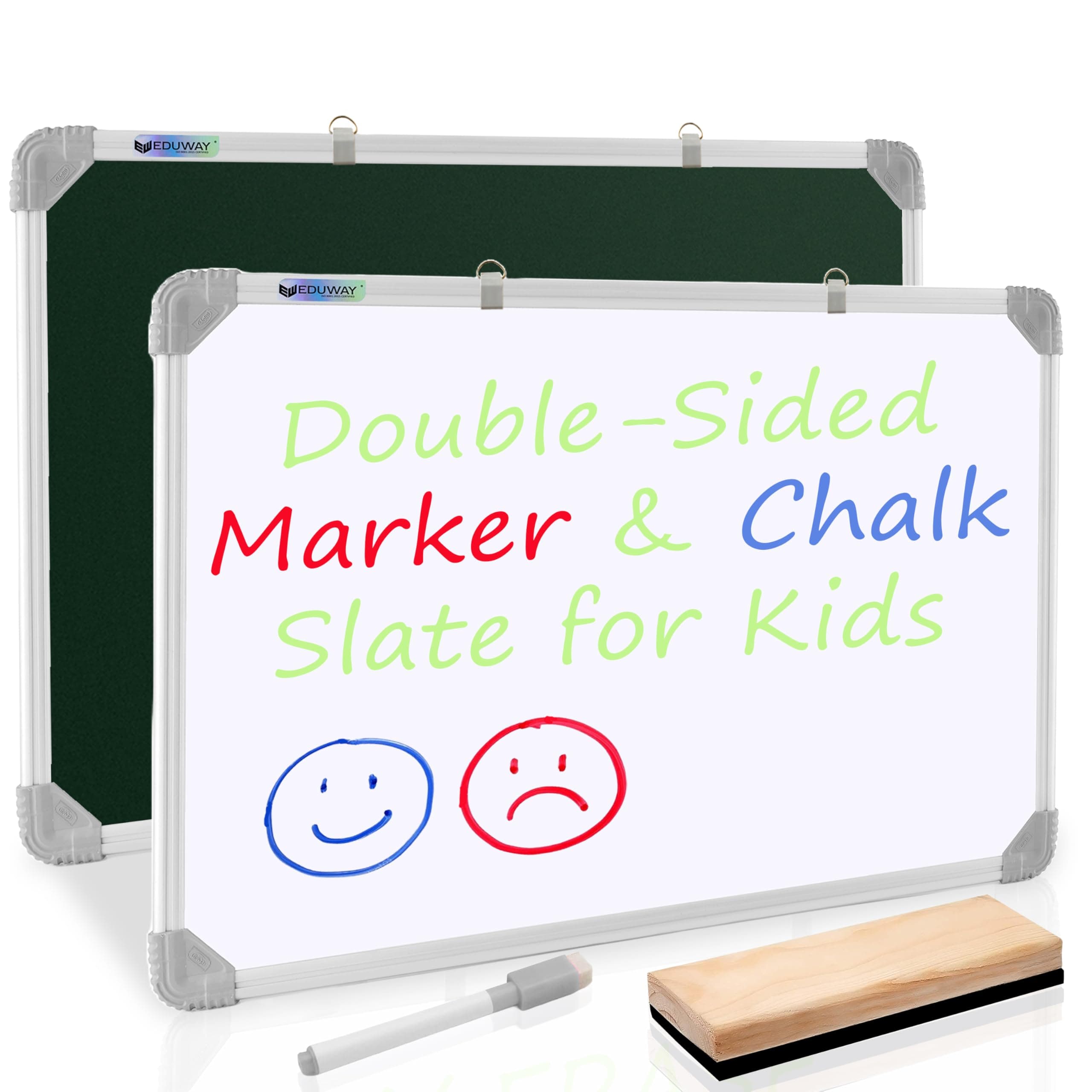 Eduway 2 in 1 Learn N Write 1x1.5 Feet Slate for Kids | with Wooden Duster & Marker | Double Sided Front for Chalk & Reverse Dry Erase Marker Board with PVC Corners (45x30 Cms)-(Green, White)