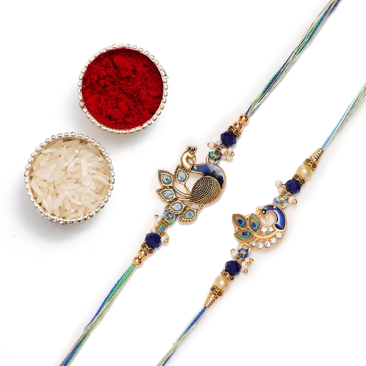 Purple Tree Mens Meenakari Peacock Rakhis For Brother With Roli Chawal And Card (Pack Of 2) - Rakhi Combo For Bhai, Rakshabandhan Gift