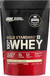 Optimum Nutrition (ON) Gold Standard 100% Whey Protein Powder (Vanilla Ice Cream)1 lbs, 454 g, for Muscle Support & Recovery, Vegetarian - Primary Source Whey Isolate