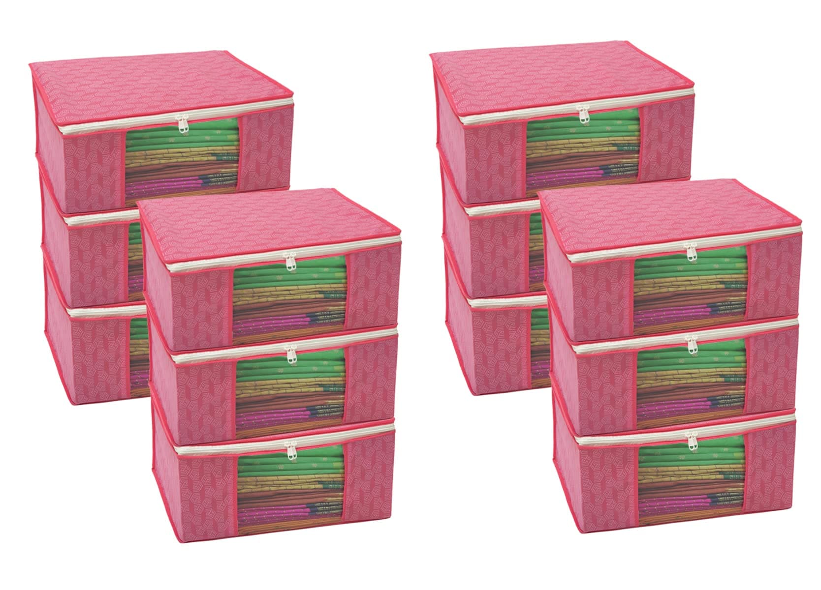 HomeStrap Set of 12 Non-Woven Printed Saree Cover/Cloth Storage/Organizer with Transparent Window (Pink), 33.5x22 cm