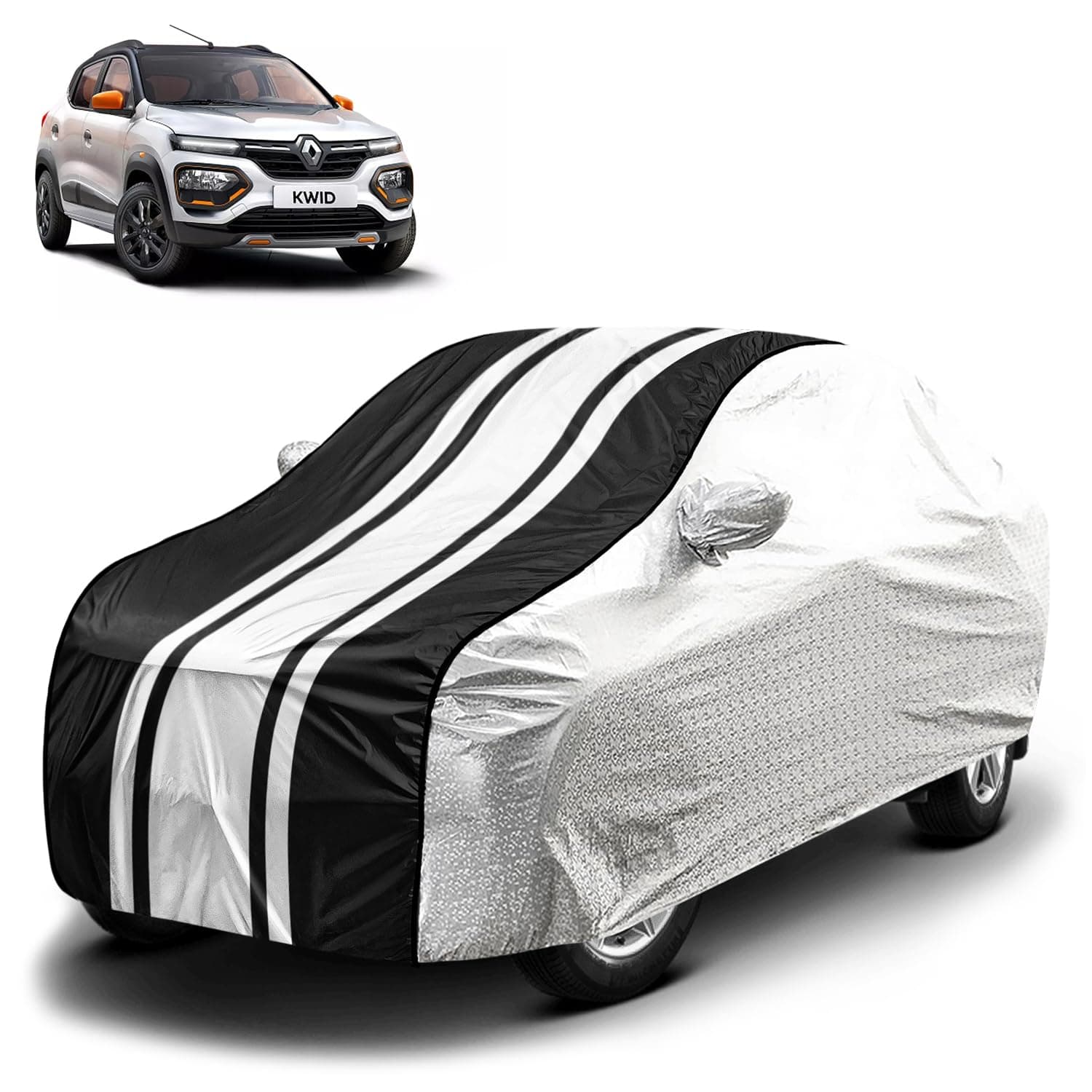 Fabtec Waterproof Car Body Cover for Renault Kwid with Mirror Pocket and Soft Cotton Lining, Bottom Elastic, Triple Stitched (Metallic Silver with Black Stripes) (No Antenna Pocket)