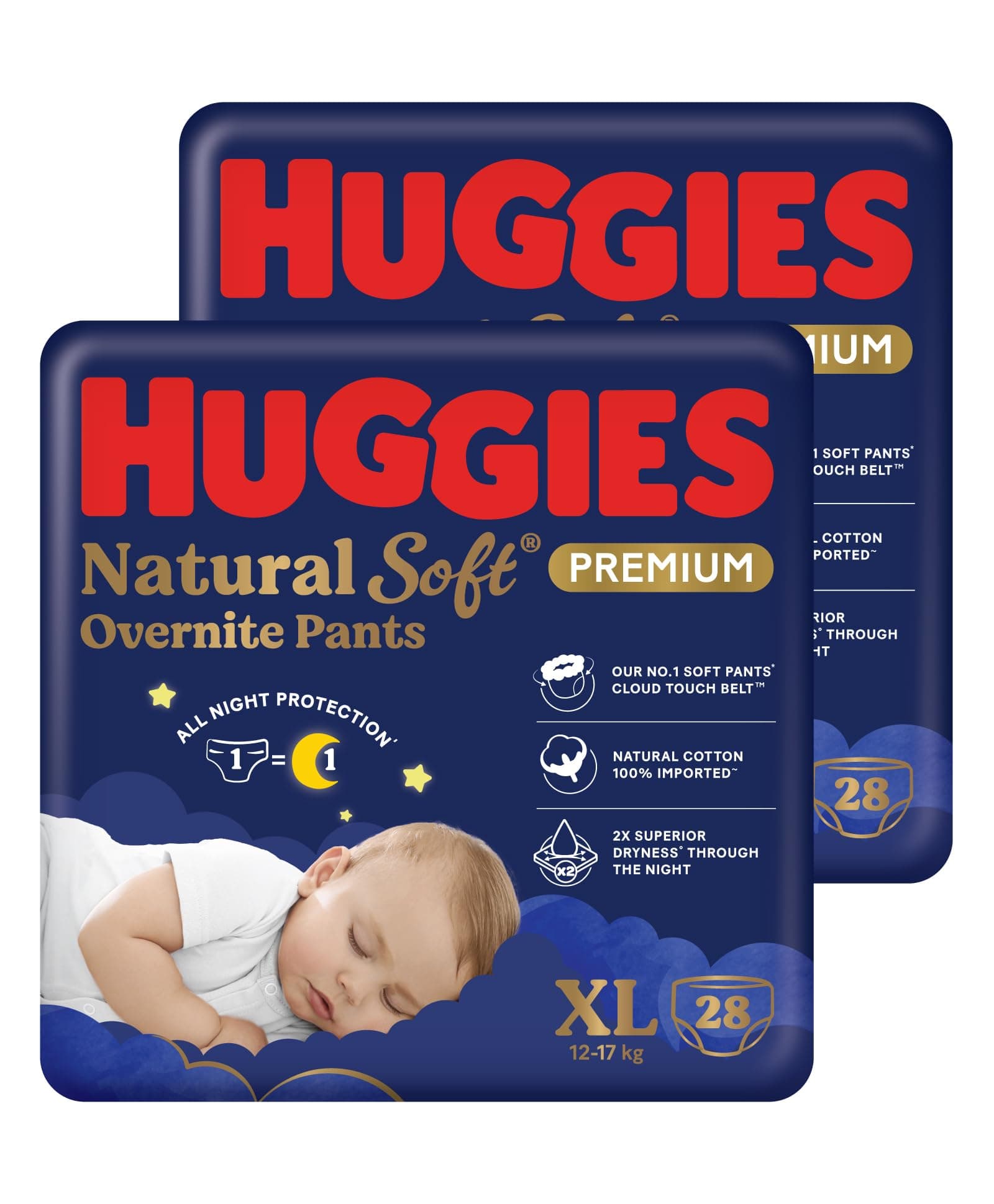 Huggies Natural Soft Premium Overnight pants XL28 Combo | Premium Pant Style Baby Diapers Extra large Size (XL Size | 12-17 Kgs), 56 count| Keeps baby dry all night with cloud softness all over