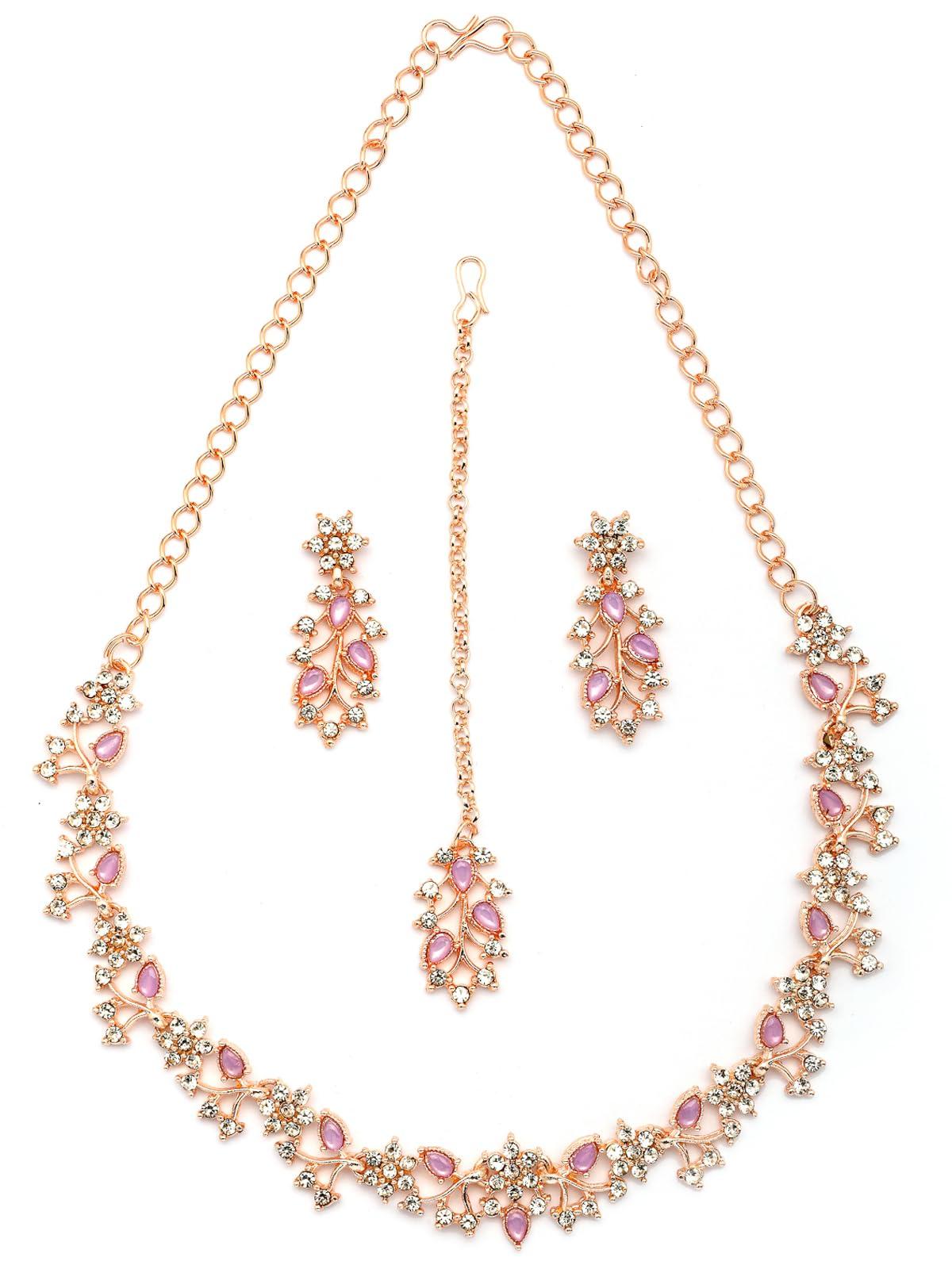 Sukkhi American Diamond AD Stone Studded Floral & Leaf Shaped Rose God Plated Purple Choker Necklace with Dangle Earring Maangtikka Jewellery Set for Women & Girls|NS107393