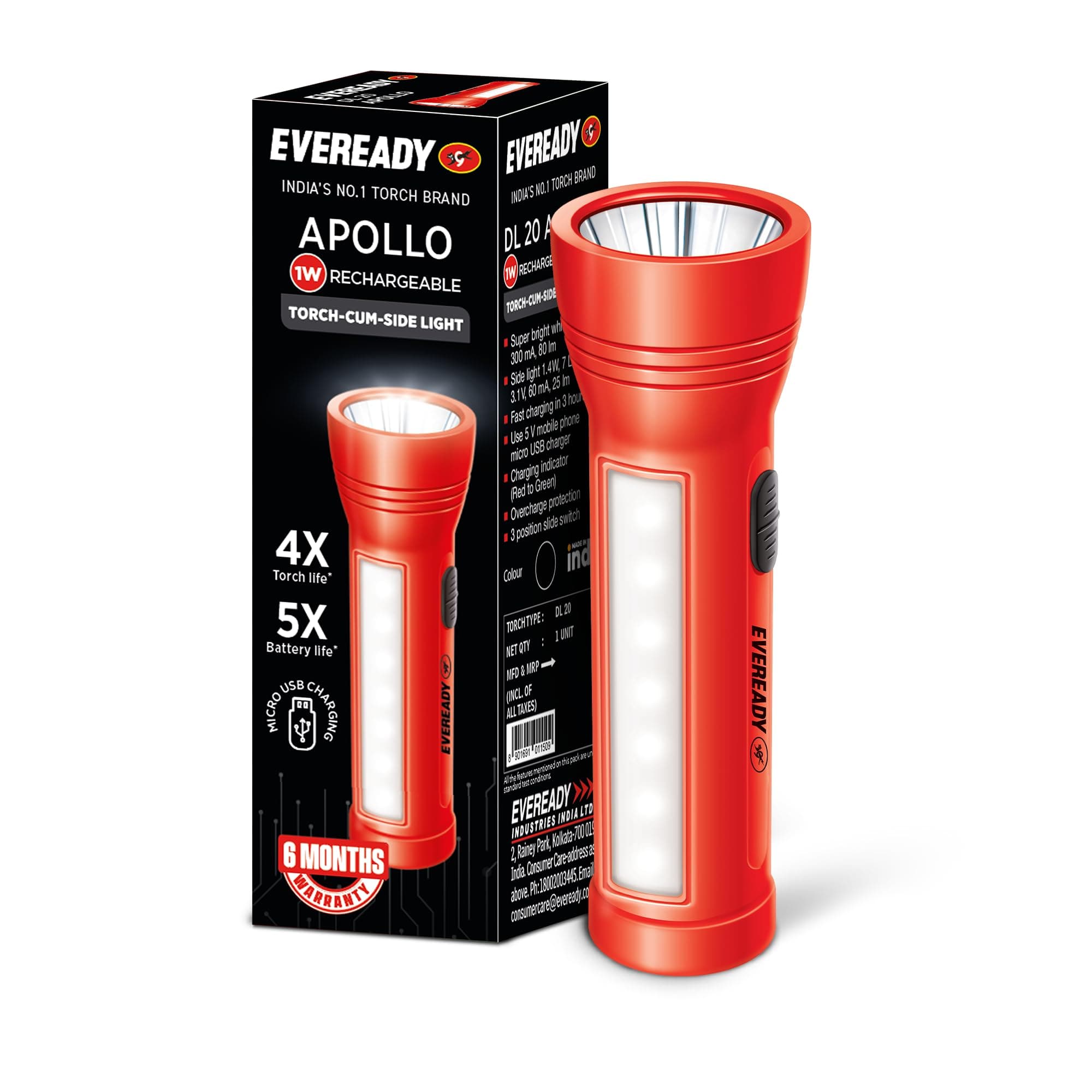 EVEREADY Apollo DL20, Rechargeable 1W Torch Cum 1.4W Emergency Sidelight