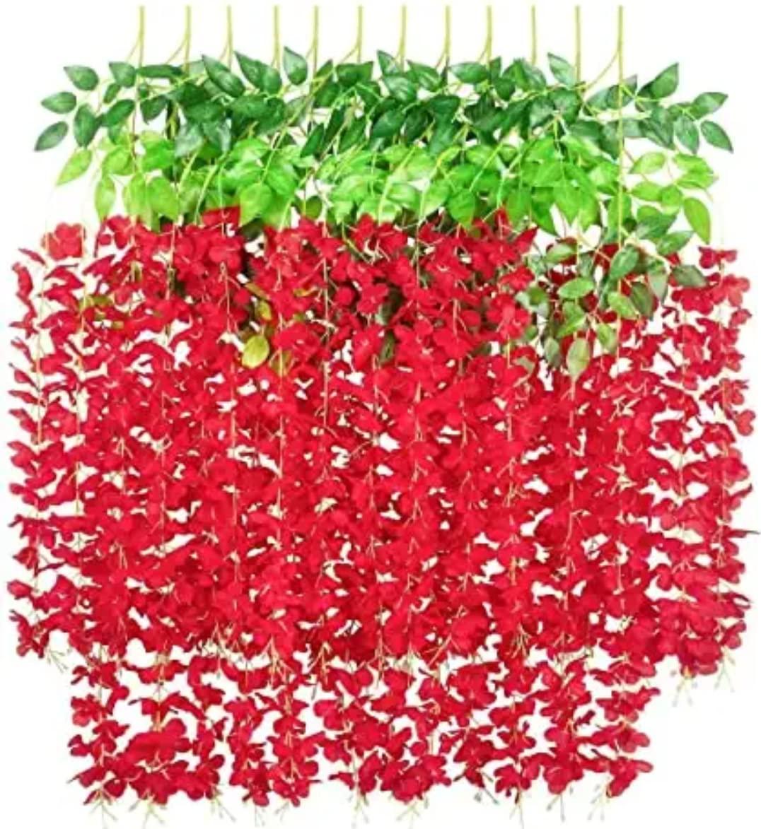 VRB Dec Pack of 12 (43.2Ft) Artificial Wisteria Vine| Ratta Fake Wisteria Hanging | Garland Silk Long Hanging Bush Flowers String for Home Party Wedding Decor (Red, 12)