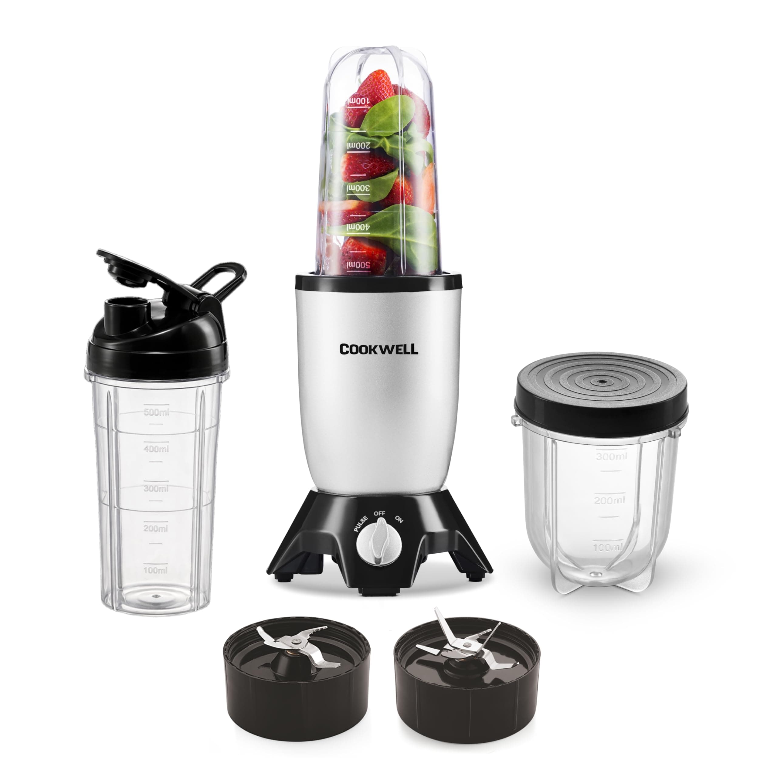 Cookwell Bullet Mixer Grinder (3 Jar, 2 Blade, Silver) - Copper, 600 Watts - 2 Year Warranty