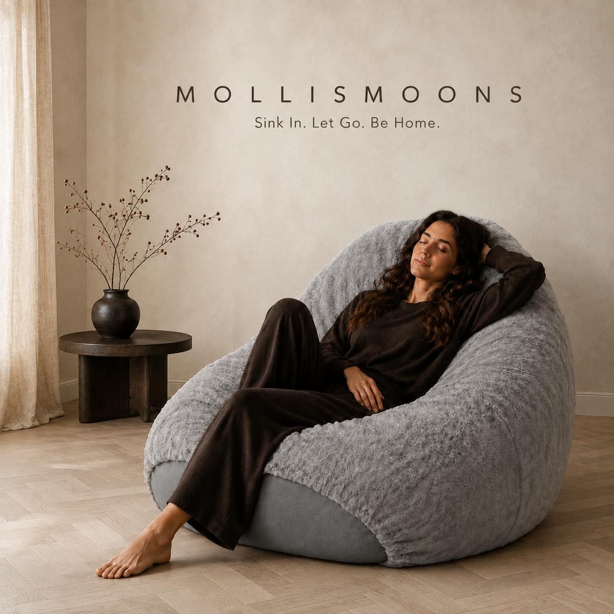 Mollismoons Luxury Faux Fur Bean Bag Chair Ultra Soft Cozy Seating for Study, Gaming & Work from Home, Ergonomic Back Support, Round & Teardrop, 55x33 Inch Grey (XXXL Bean Bag Cover Without Beans)