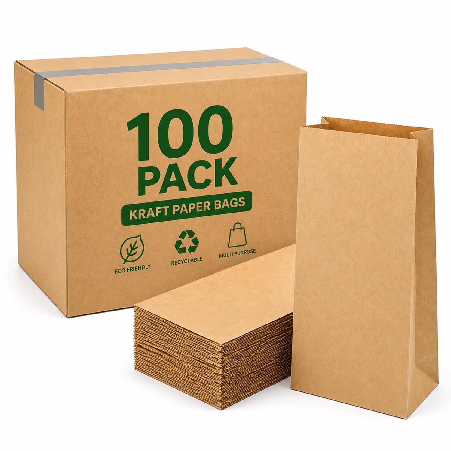 Aakriti Grocery Bags 7 x 4.5 x 11 Inches, Heavy Duty Brown Kraft Paper Sacks, Recyclable Durable for Pantry Items, Gifts, Retail, Food Delivery (Brown, Grocery Bags 100pcs)