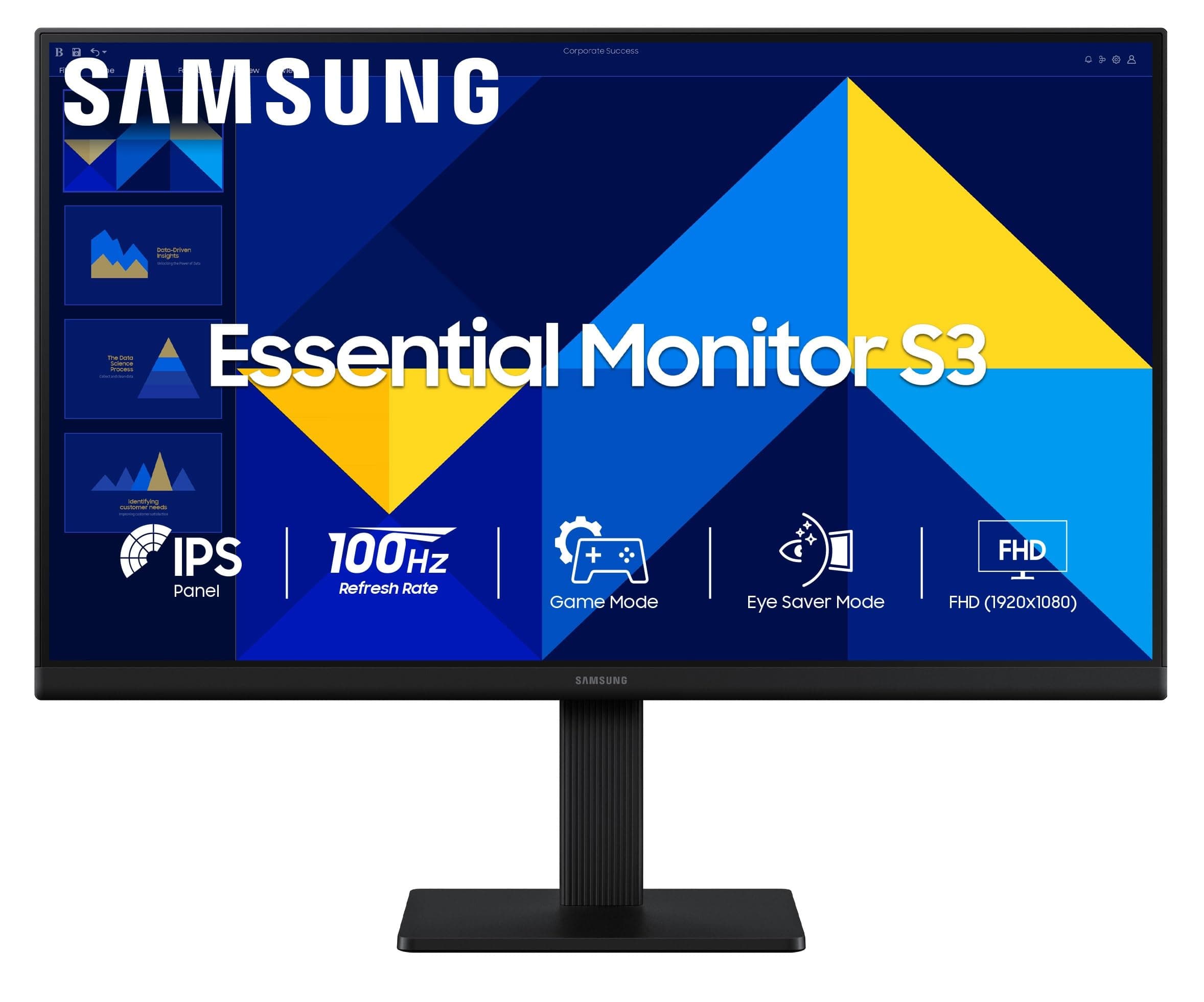 Samsung 22" (54.6 cm) S3 Flat Monitor|Super Slim Borderless Design|IPS Panel|FHD 1920 x 1080|100 Hz|5 ms|Ports-HDMI,VGA|Game Mode|Eye Saver Mode||Wall Mountable|LS22D300GAWXXL|Black