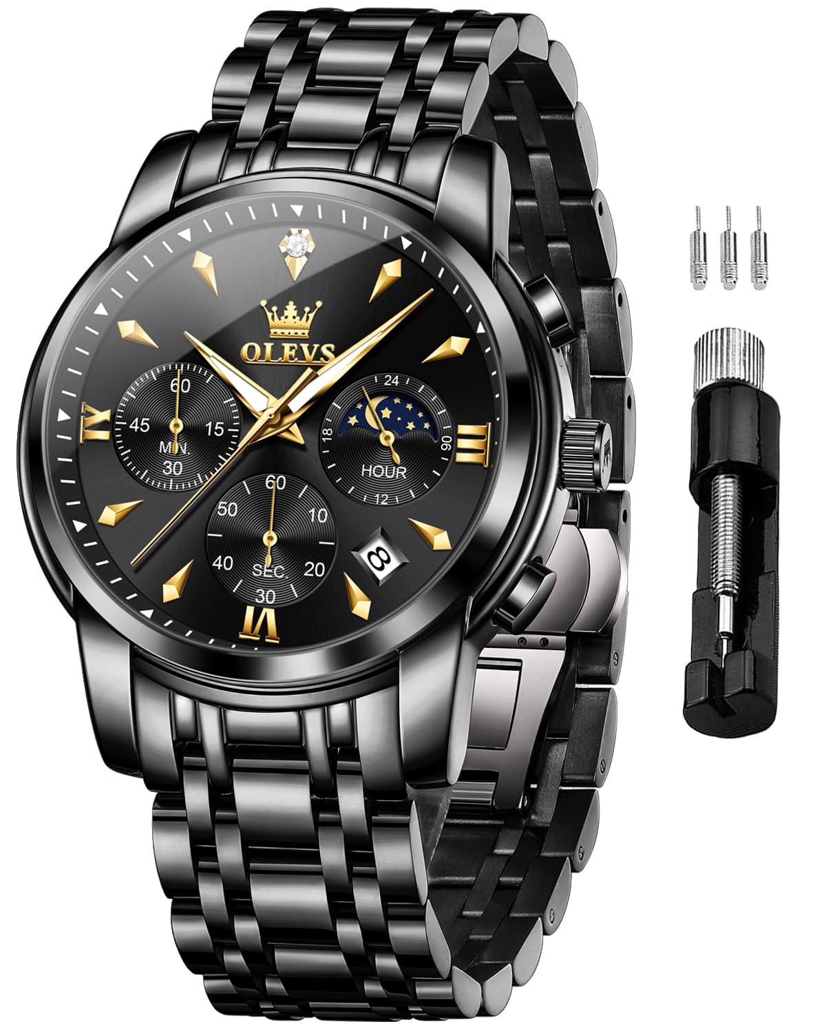 OLEVS Watches for Men All Black Analog Quartz Stainsteel Steel Fashion Luxury Chronograph Waterproof Date Diamond Male Wrist Watches