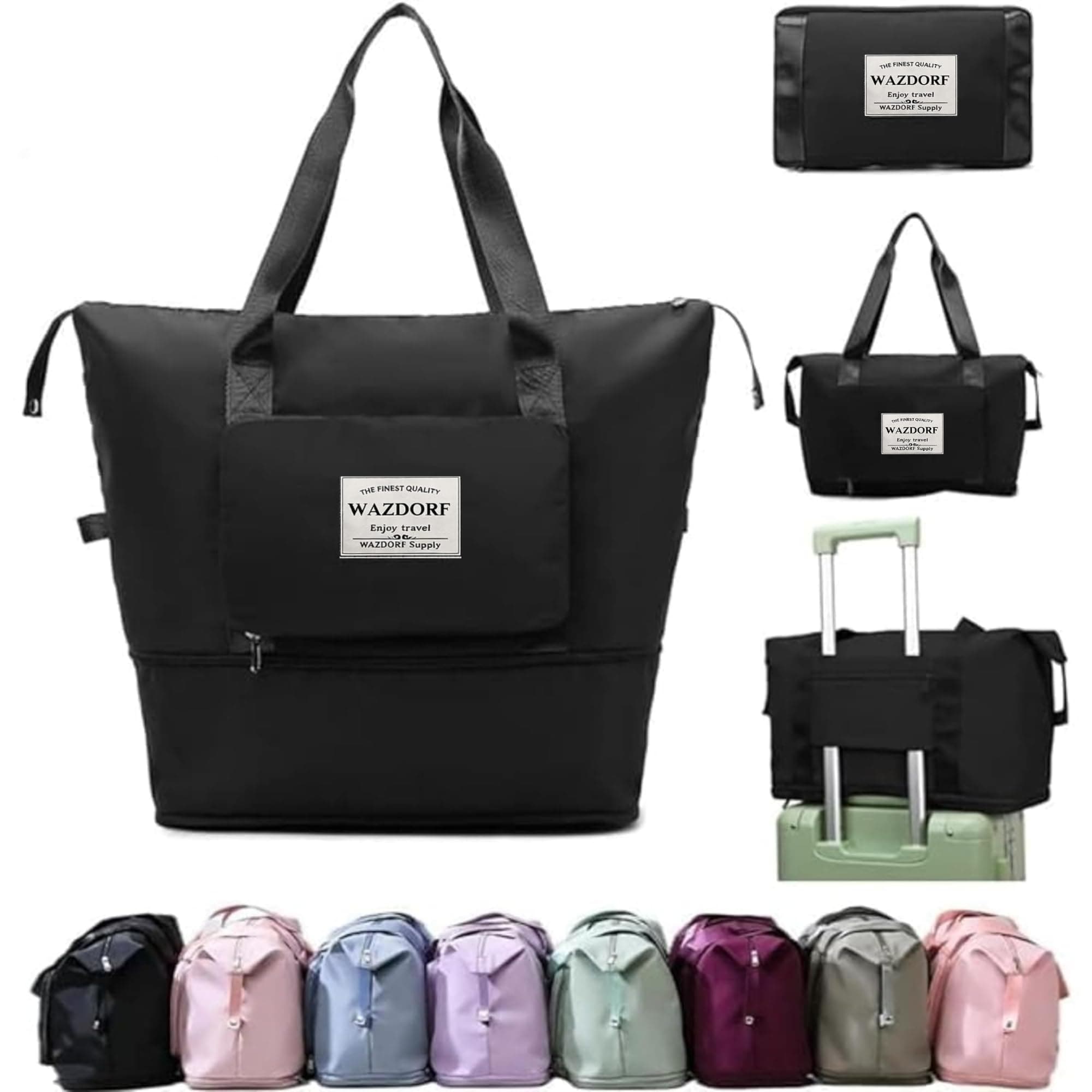 Wazdorf Nylon 41 Liter Expandable Travel Bags for Women, Duffle Bags for Women Luggage, Foldable Vanity Traveling Bag, Waterproof Hand Bag for Ladies Personal Items,Black