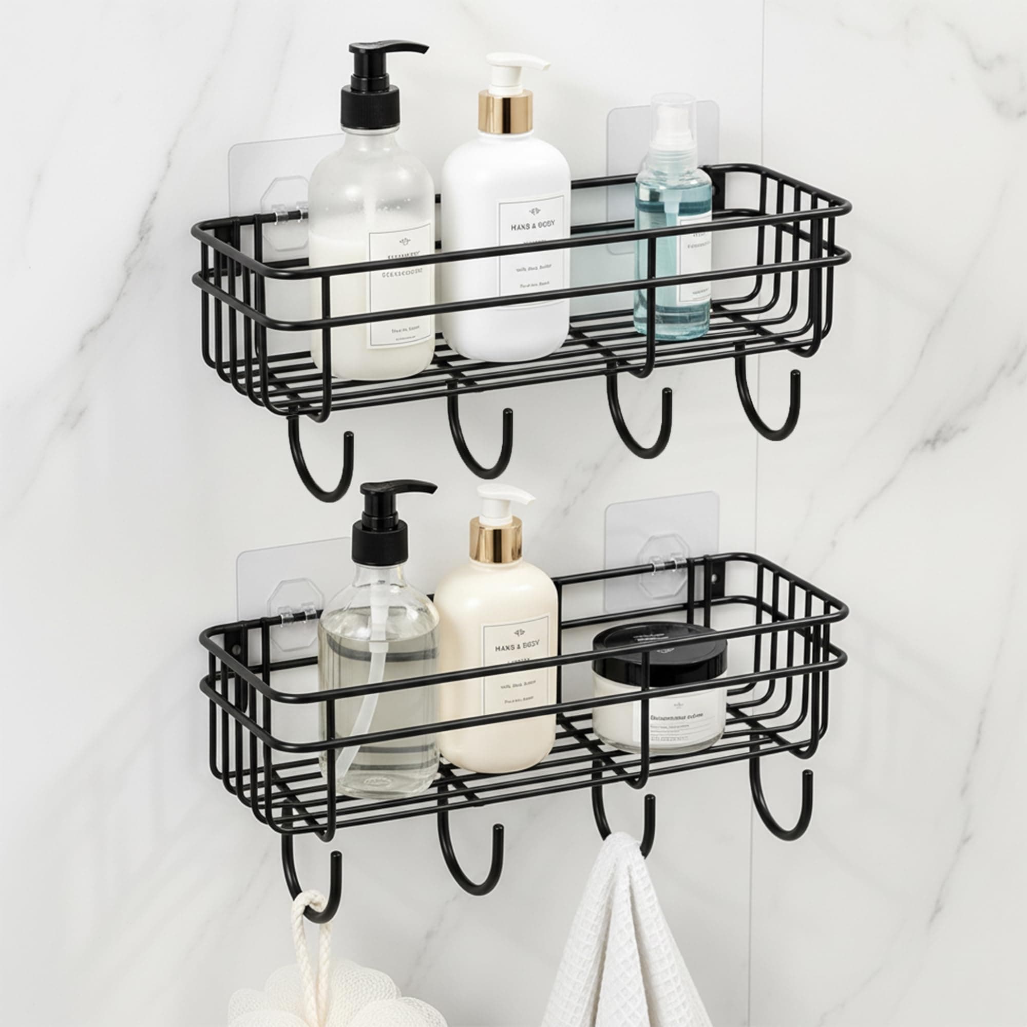 DALUCI Bathroom Organiser Without Drill Pack of 2, Self Adhesive Bathroom Shelf for Wall with 4 Hooks Each, GI Steel Powder Coated Bathroom Rack for Shampoo & Toiletries, Space Saving (Black)