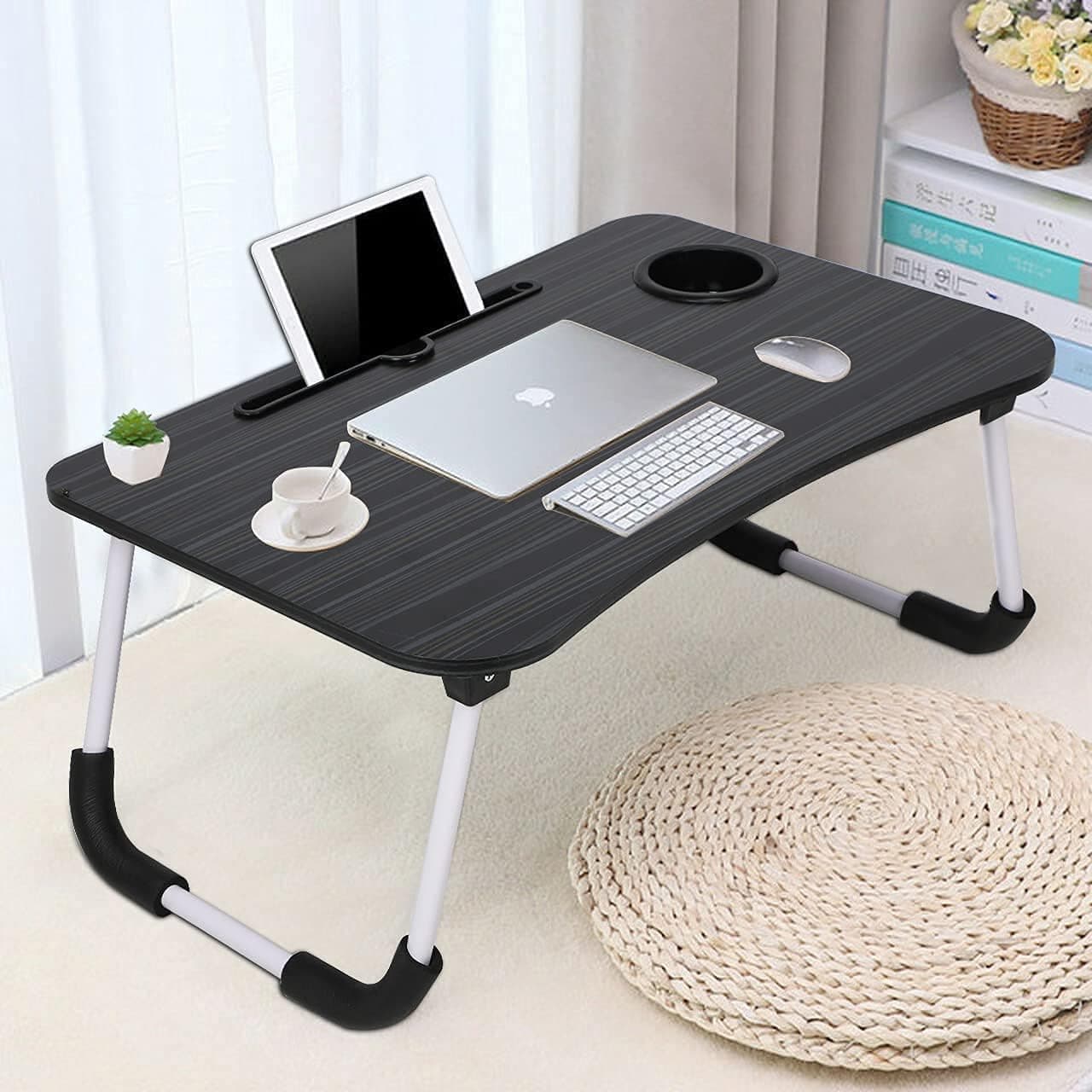 TEKCOOL Study Table Foldable Wooden Laptop Bed Tray Table, Multifunction Lap Tablet Desk with Cup Holder, Perfect for Eating Breakfast, Reading Book, Working, Watching Movie On Bed, 60 cm