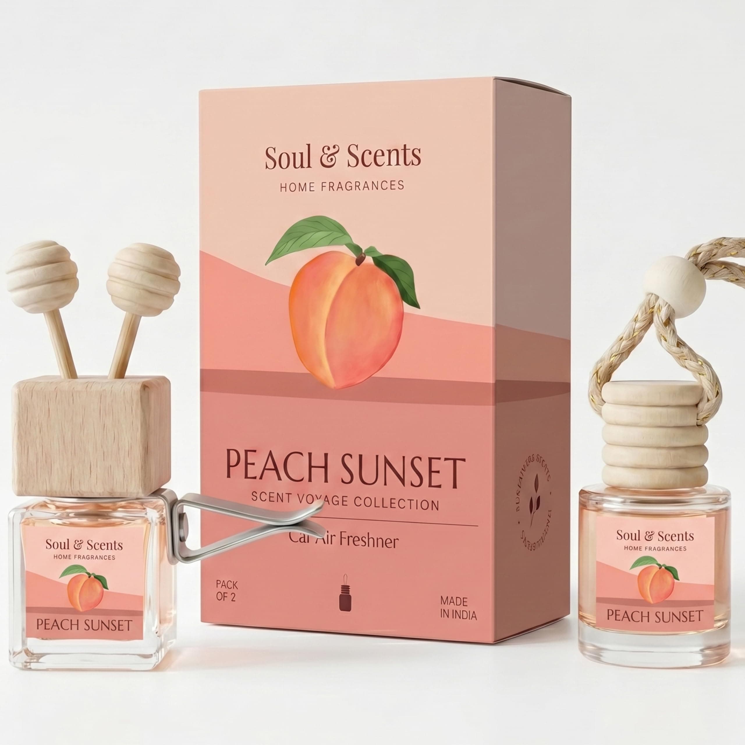 Soul & Scents 16ml Luxury Car Perfumes Sweet Peach | Peach Sunset | 2-in-1 Hanging Pod & AC Vent Air Freshener | Premium Wooden Car Fragrance Accessory | Long Lasting Odour Eliminator | Pack of 2