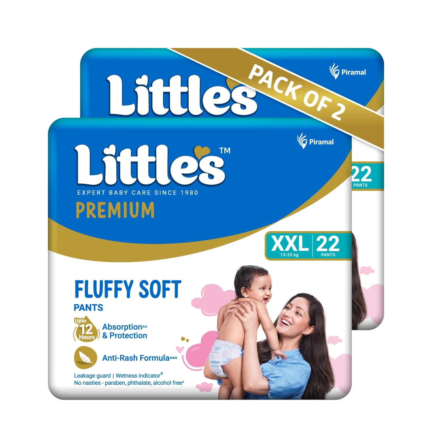 Little's Premium Baby Diapers XXL Size | Pants Style | 15-25 kg | 44 Count | FluffySoft Baby Diaper with Leakage Guard, Wetness Indicator & 12 Hours Absorption | (22 Count, Pack of 2)