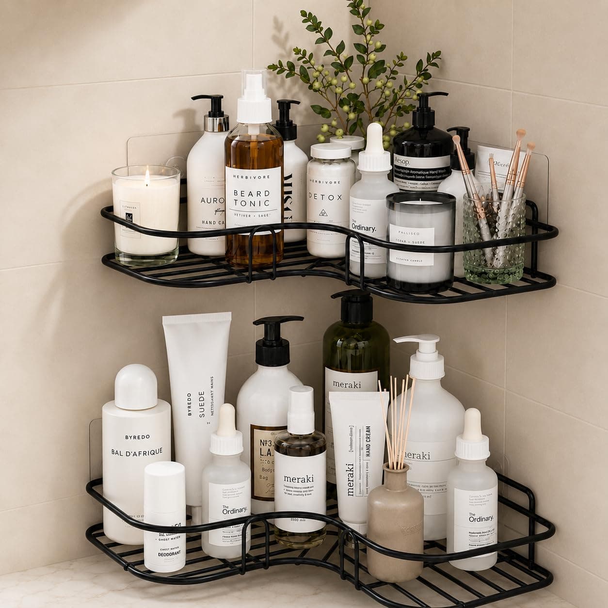 Oslen Pack of 2 No Drill Self Adhesive Bathroom Corner Shelf, Metal Wall Mounted Shower Storage Rack, Bathroom organiser without drill, Rust Proof Corner Rack for Bathroom & Kitchen, Black, 8 & 9 Inch