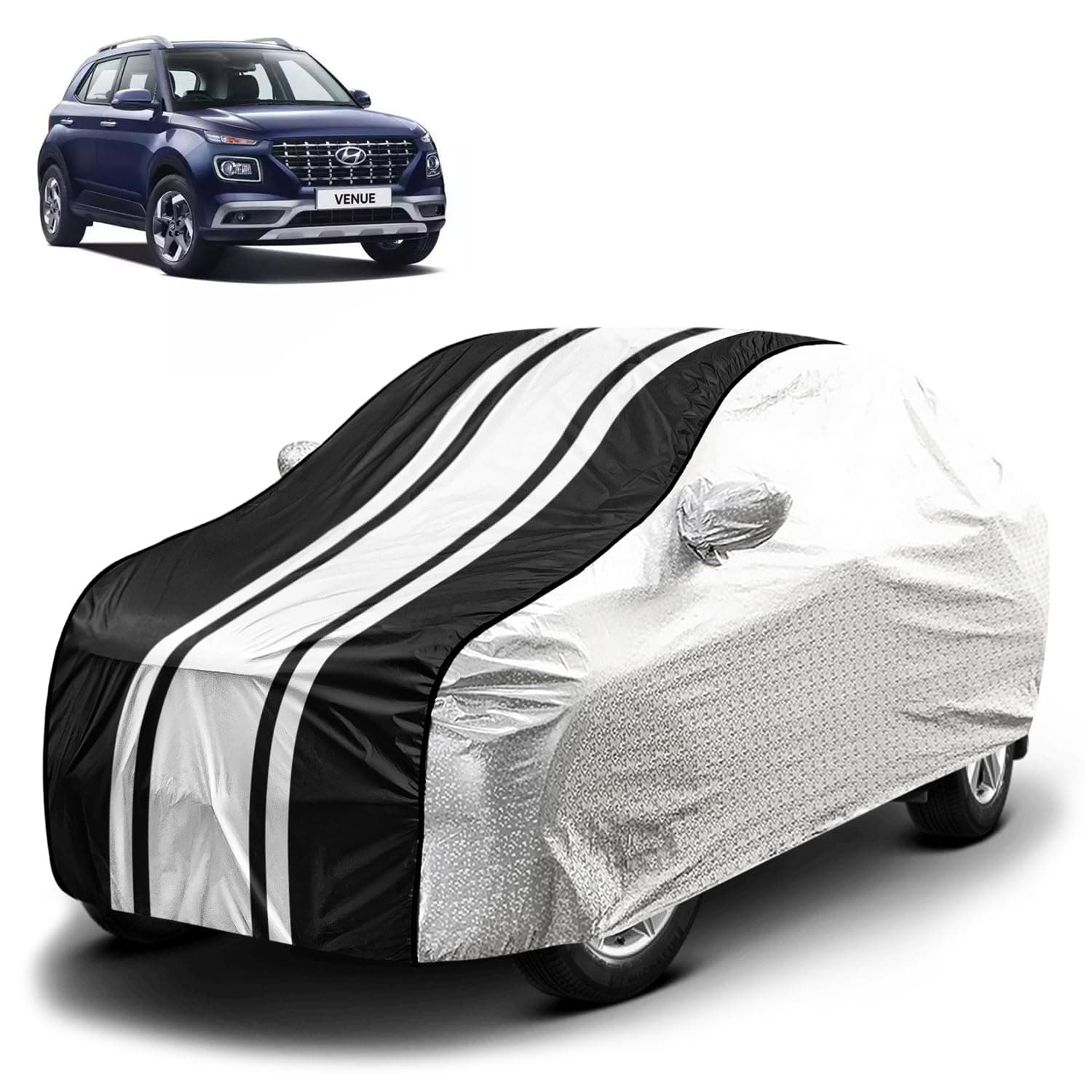 Fabtec Waterproof Car Body Cover for Hyundai Venue with Mirror Pocket and Soft Cotton Lining, Bottom Elastic, Triple Stitched (Metallic Silver with Black Stripes) (No Antenna Pocket)