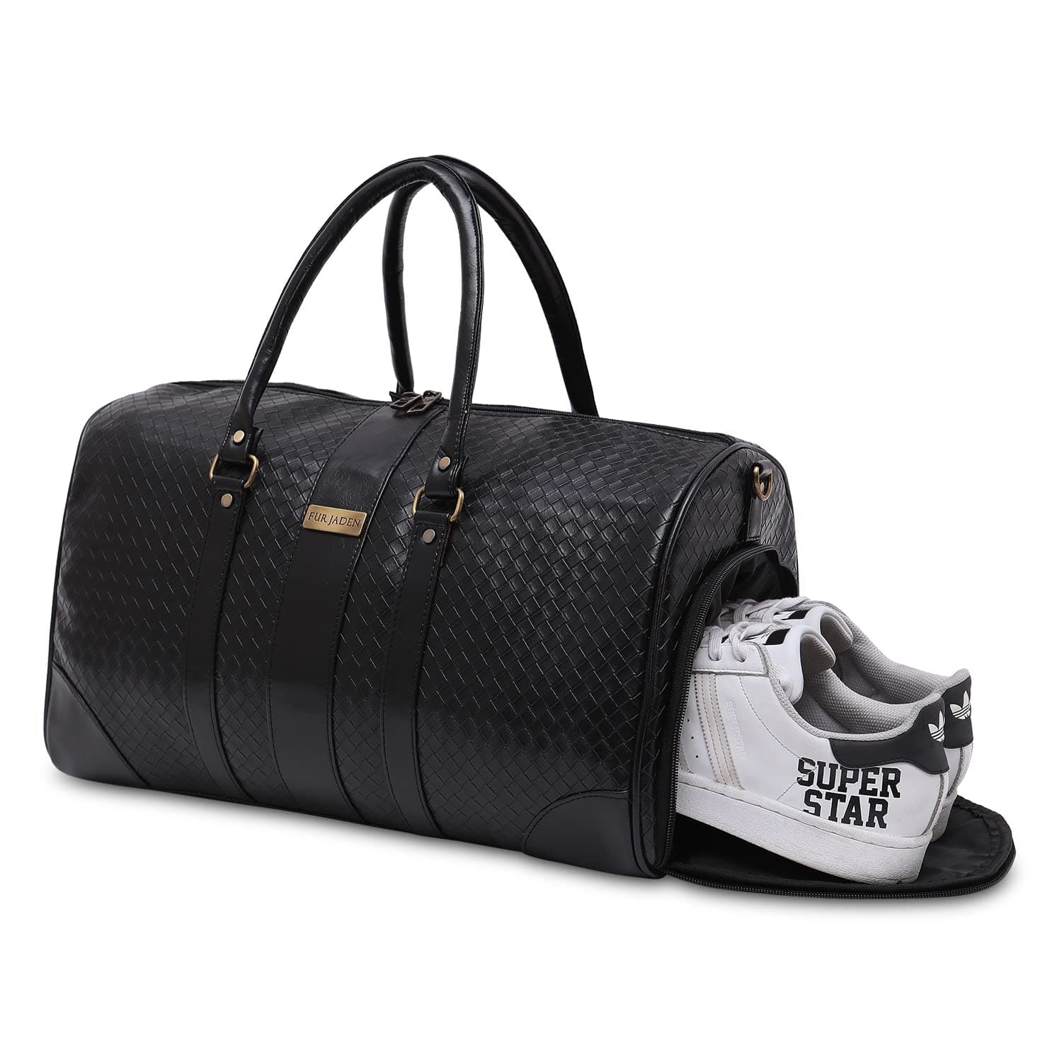 Fur Jaden Weekender Duffle Bag with Shoe Pocket for Travel for Men and Women Made of Textured Leatherette with Attachable Shoulder Strap Cabin Bag (Black)