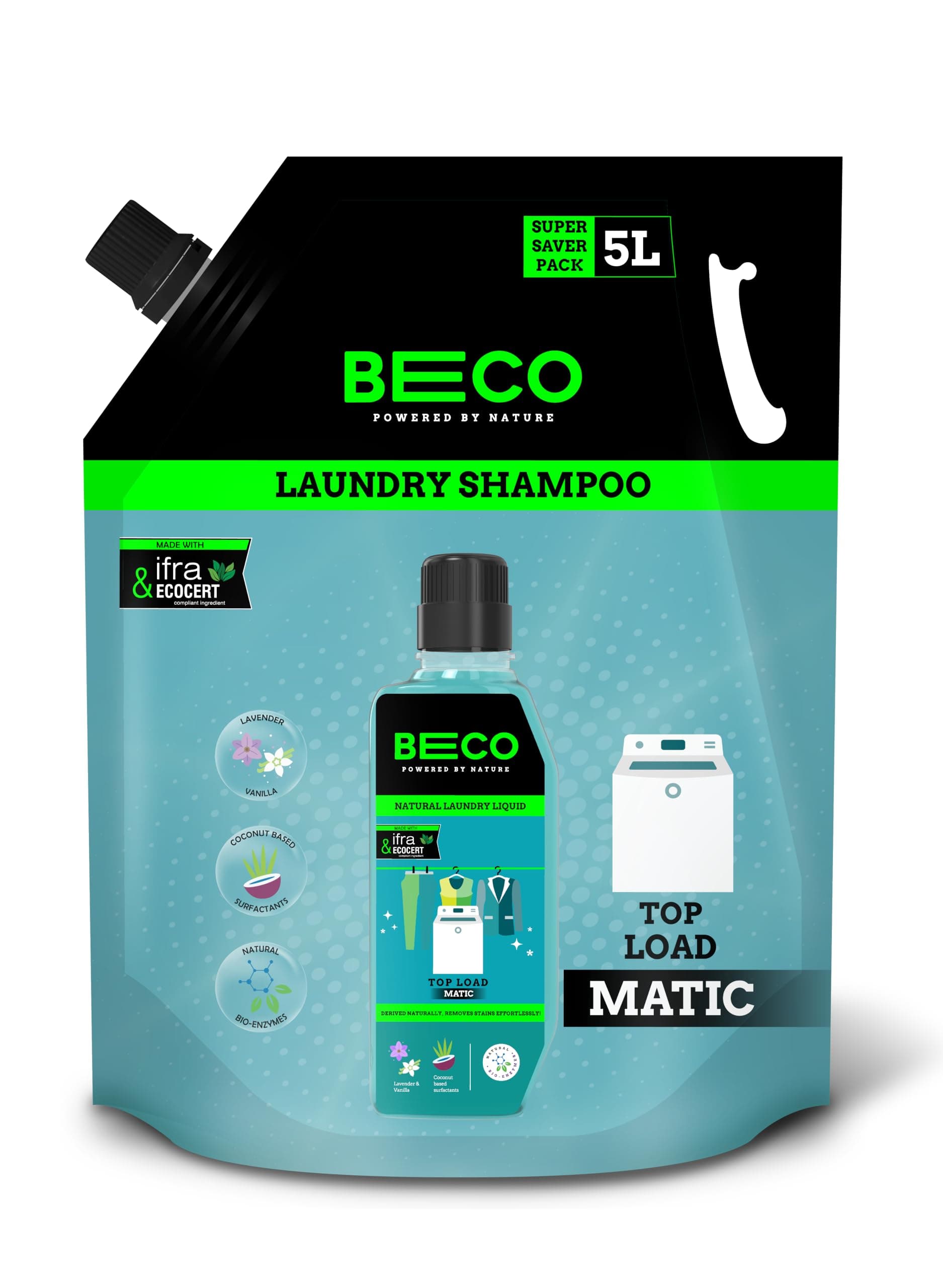 Beco Natural Liquid Detergent Top Load - 5L Refill Pack| Tough Stain Removal | Lavender & Vanilla Freshness | Retains Brightness & Shine | Chemical Free | Top Load Washing Machine Detergent Liquid
