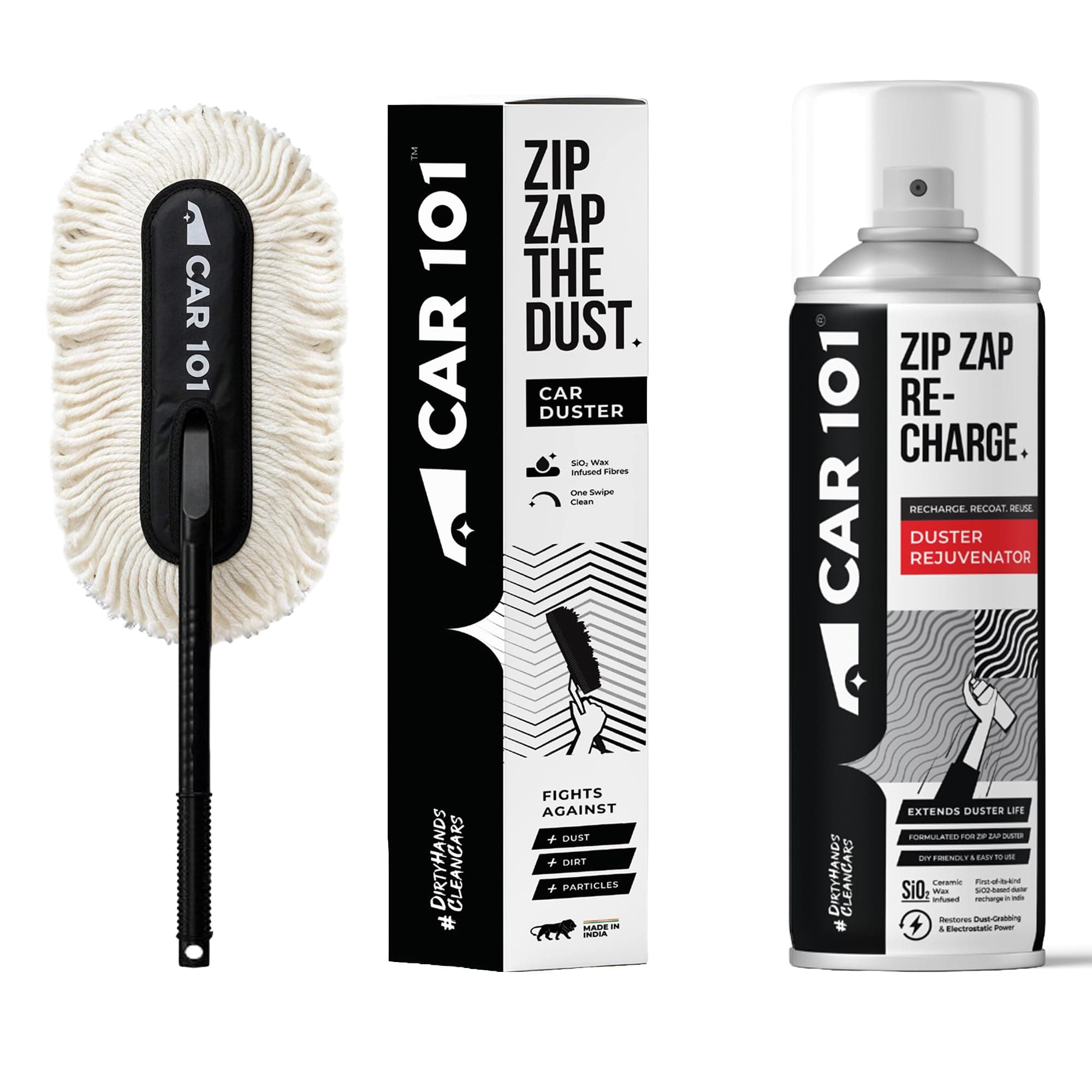 CAR101 Ultimate Zip Zap Combo – Car Duster + Recharge/Rejuvenator Spray | Ceramic Wax Infused | Duster with Rejuvenator for Restored Dust-Trapping Power | Scratch-Free Cleaning for Car & Bike