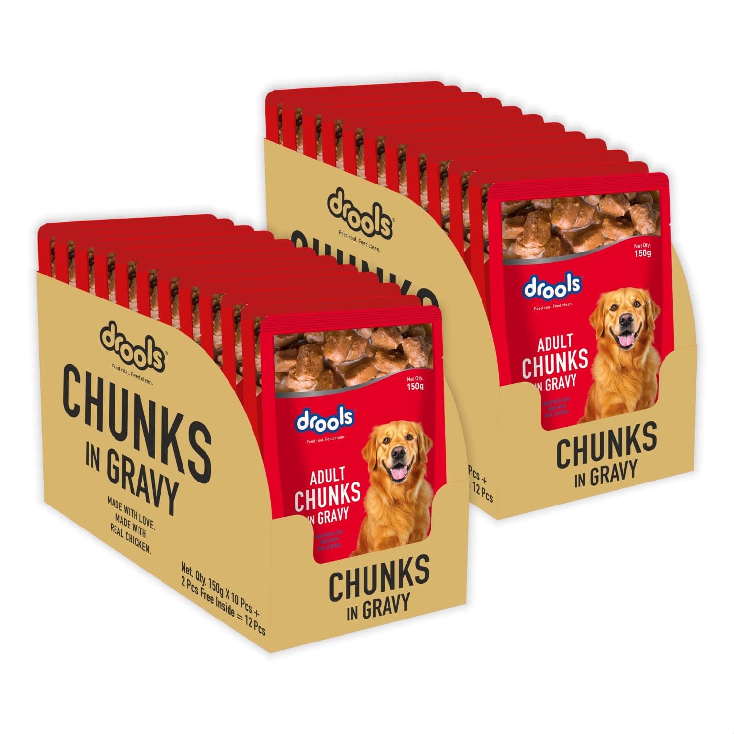 Drools Adult Wet Dog Food 24 Packs (150g X 24) | Real Chicken and Chicken Liver Chunks in Gravy | Support Immunity | Oral Health | Training and Behaviour