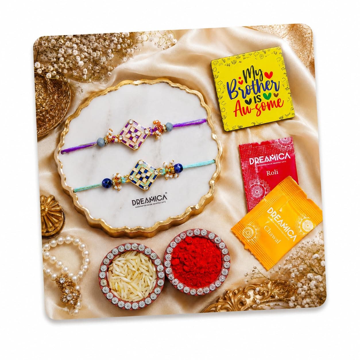 Dreamica Set of 2 Designer Rakhi for Brother | Combo with ‘My Brother Is Awesome’ Fridge Magnet, Tilak Set (Roli-Chawal), and Greeting Card | Best Rakhi Gift For Brother (Rakhi-69)