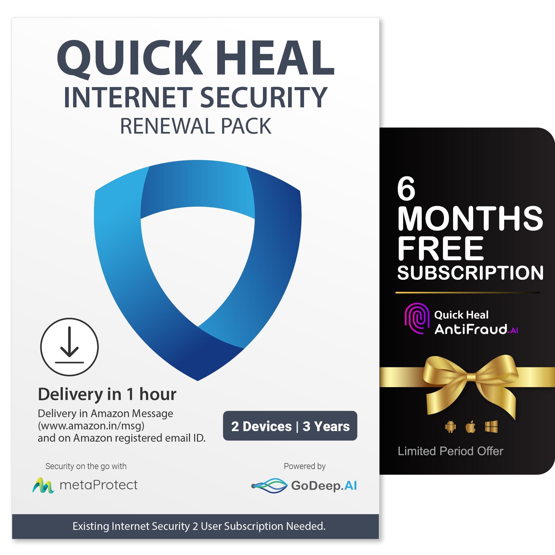 Quick Heal Internet Security Renewal | Windows PC/Laptop | 2 User, 3 Year | Existing 2 User Internet Security Subscription Required (SINGLE KEY) | Email Delivery in 1hr |+ 6 month AntiFraud.AI for IOS/Android