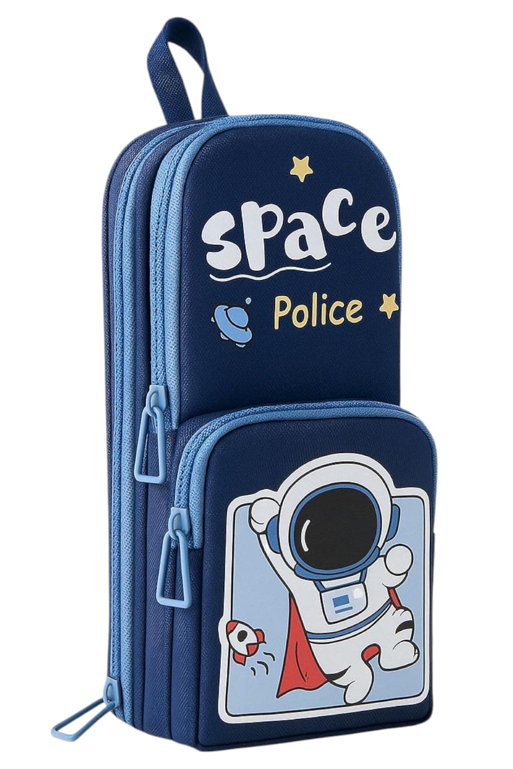Supreme Deals® Premium Canvas Pencil Case Hang able 6 Layer with 3 Compartment Cute Aesthetic Pencil Case Large Capacity Pencil Pouch for Kids (Space Police Blue)