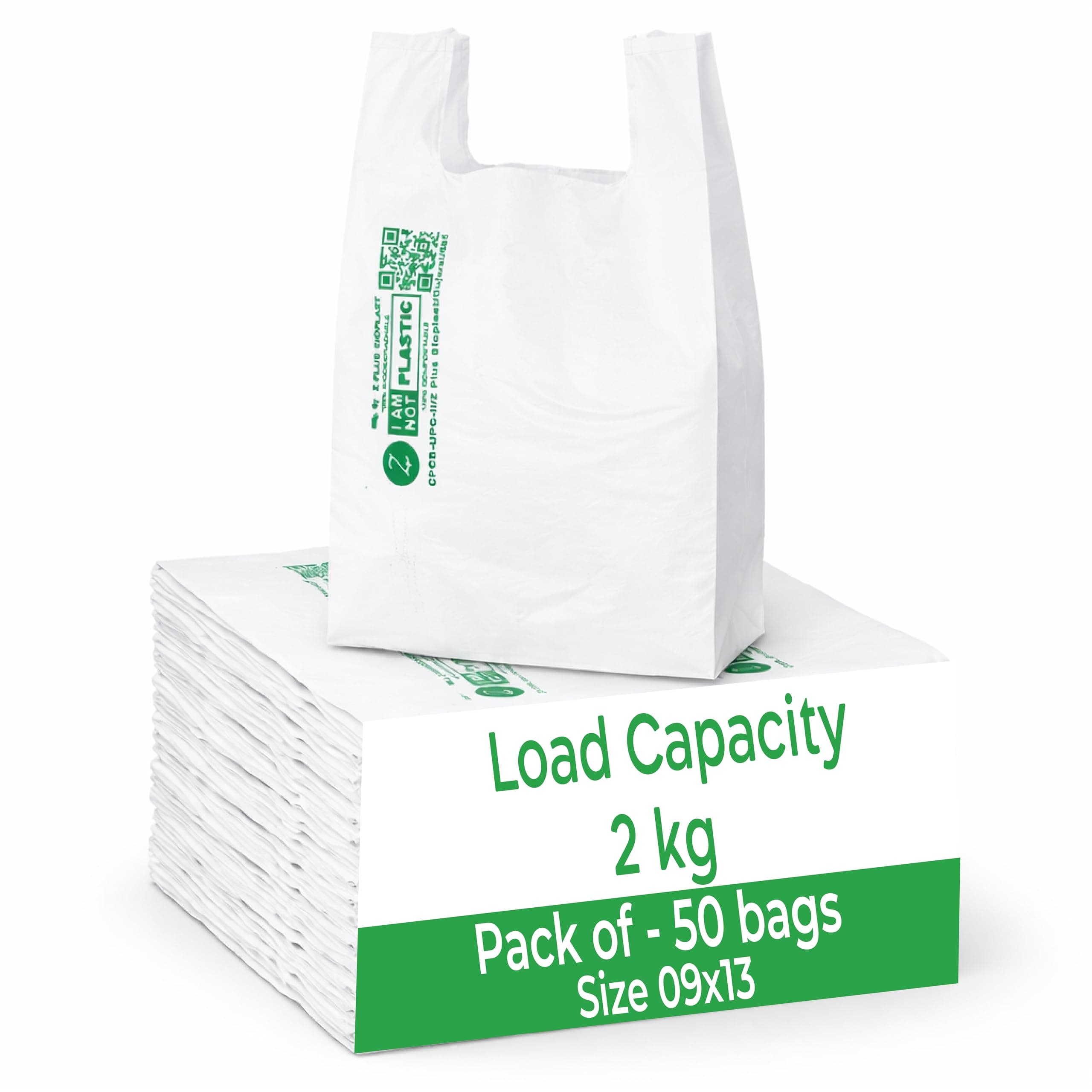 ECOZ Compostable & Biodegradable Carry Bags | 9 x 13 Inch | Pack of 50 | Eco-Friendly Plastic-Free Shopping Bag for Grocery, Food, Retail & Vegetables | Load 2kg Capacity | for Supermarket