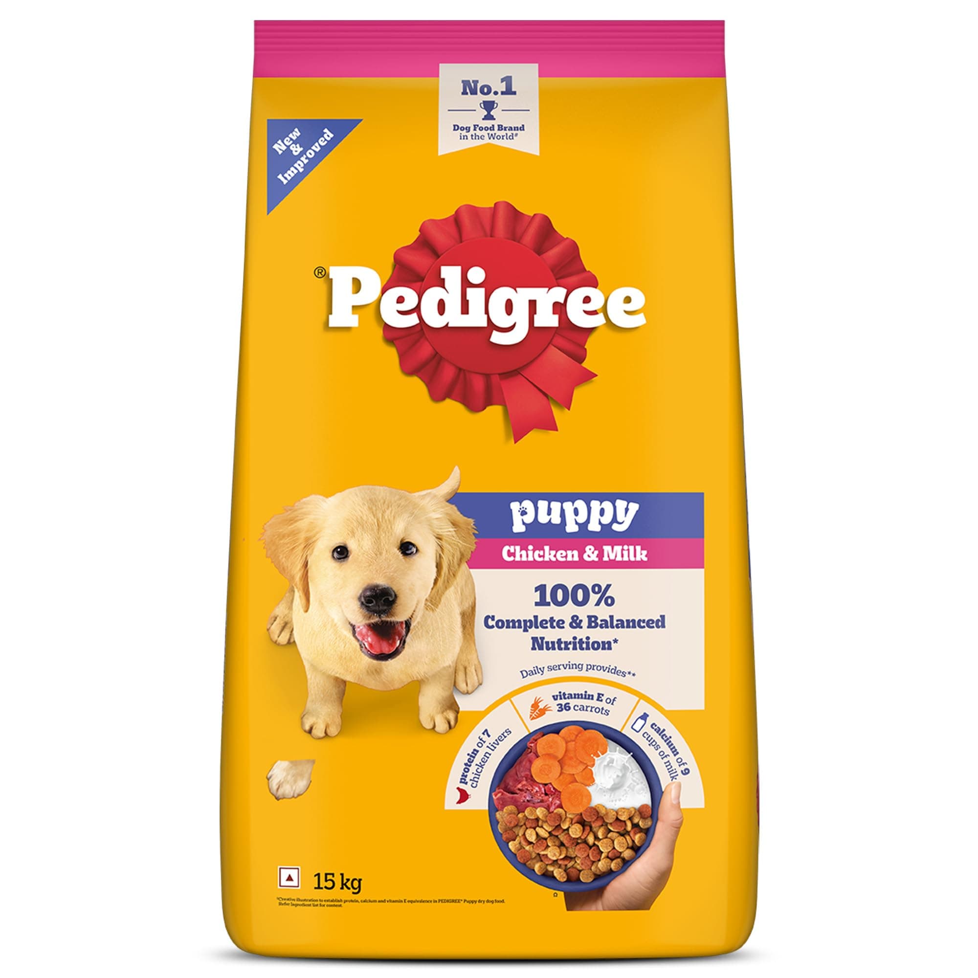 Pedigree Puppy Dry Dog Food, Chicken & Milk, 15 kg, Contains 37 Essential Nutrients, 100% Complete & Balanced Food for Puppies
