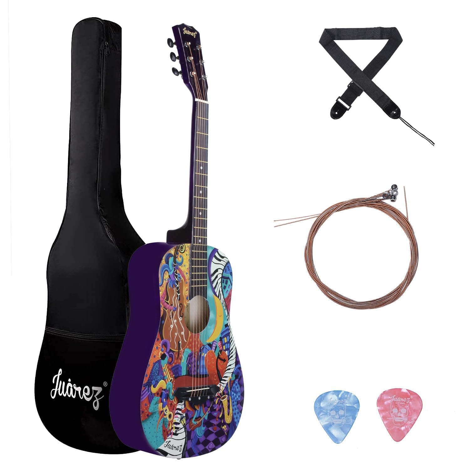 Juarez Acoustic Guitar, 38 Inch Cutaway JRZ38C/PP - Retro Hippie Funky Design, Complete Set with Bag