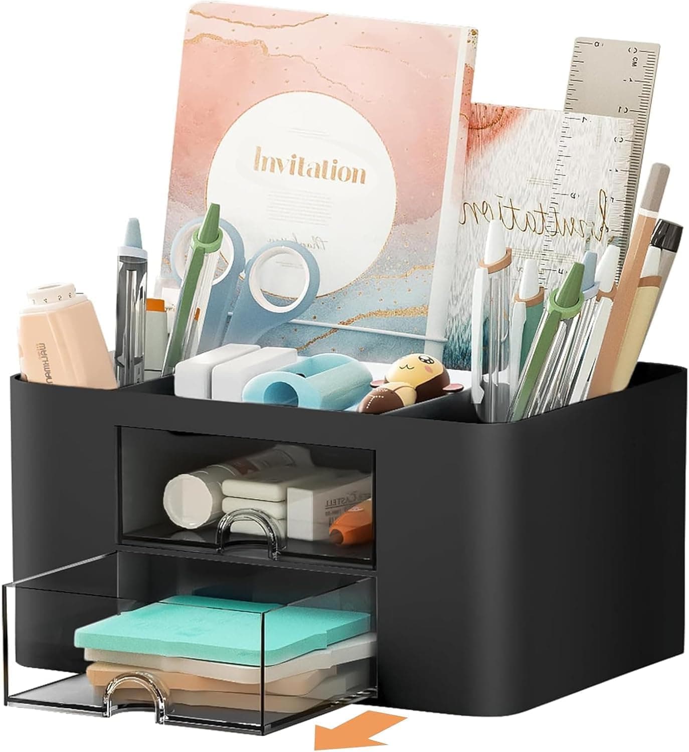Recluse Stylish Multifunctional Stackable Desk Organizer with 2 Drawers and 5 Compartments | Pen Stand for Study Table, Office Use | Storage Box for Stationery, Art Supplies, Sticky Notes (Black)