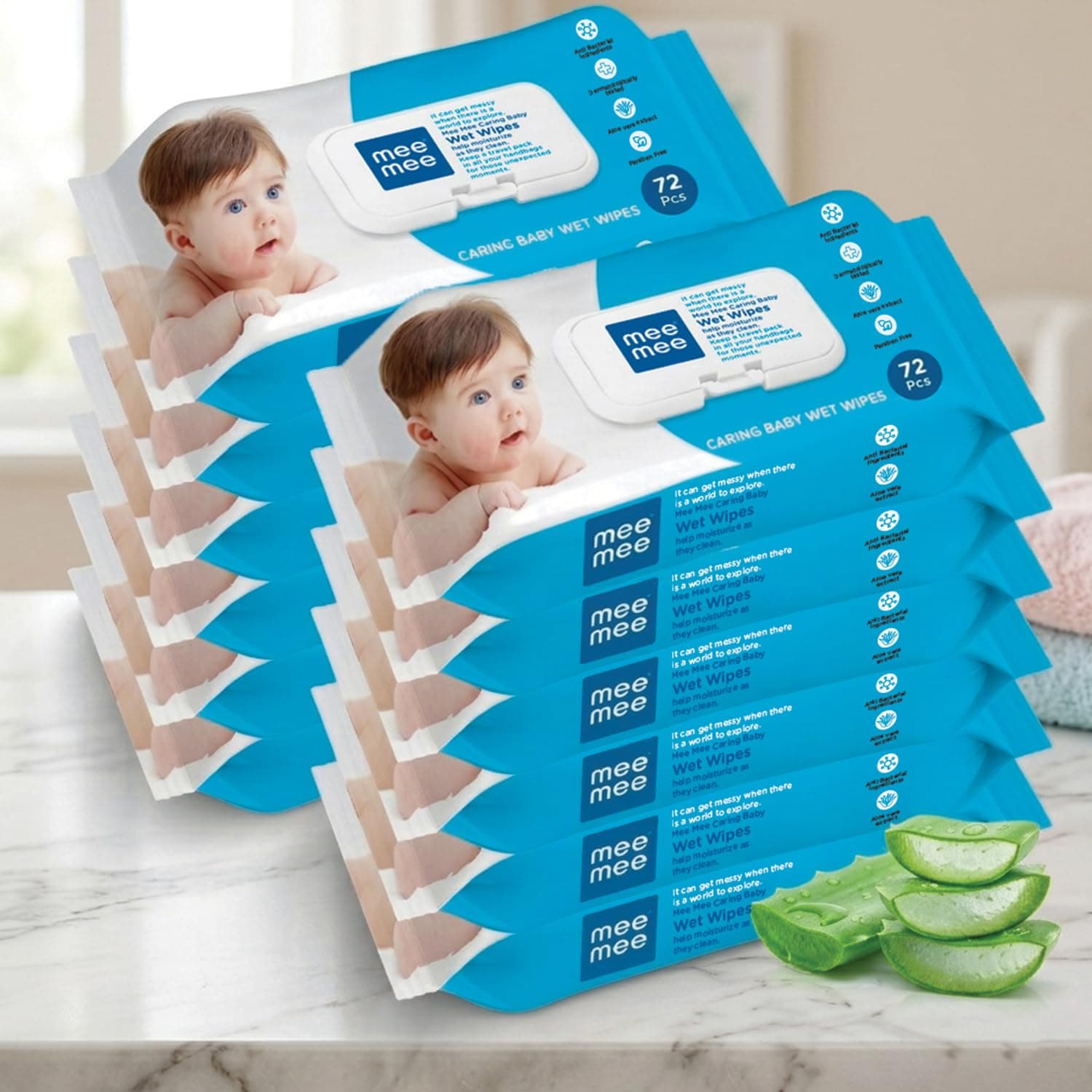 Mee Mee Wet Wipes for Baby Skin with Aloe Vera | 72 Wipes x Pack of 12 (864 Wipes) | Paraben Free, Fragrance Free, pH Balanced, Dermatologically Safe, Baby Wipes Combo | Pack with Lid