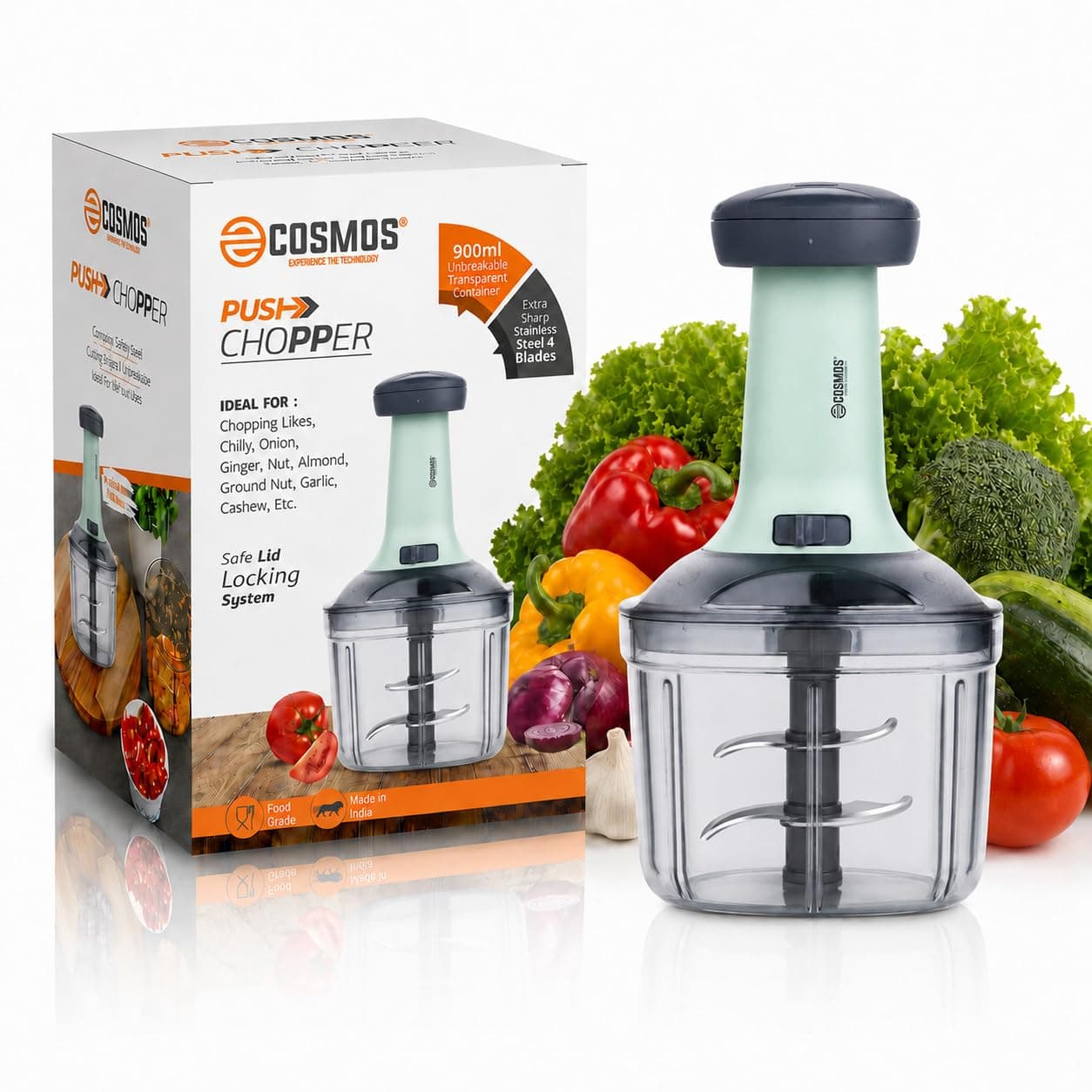 E-COSMOS Food Chopper Manual Hand Press Push Chopper with 4 Blades for Effortless Chopping Vegetables & Fruits (Pista Square (900ml)