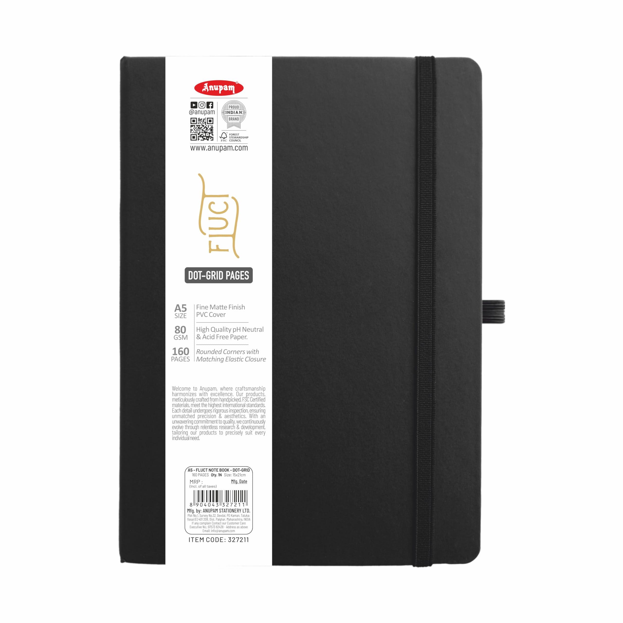Anupam Fluct A5 Bullet Dotted Journal | 160 Pages 80gsm | Matte Finish PVC Cover Notebook | pH Neutral & Acid Free Paper | Pen Loop | Matching Elastic Closure | Dot Grid Sheet Good For Jouraling Offices (Black)
