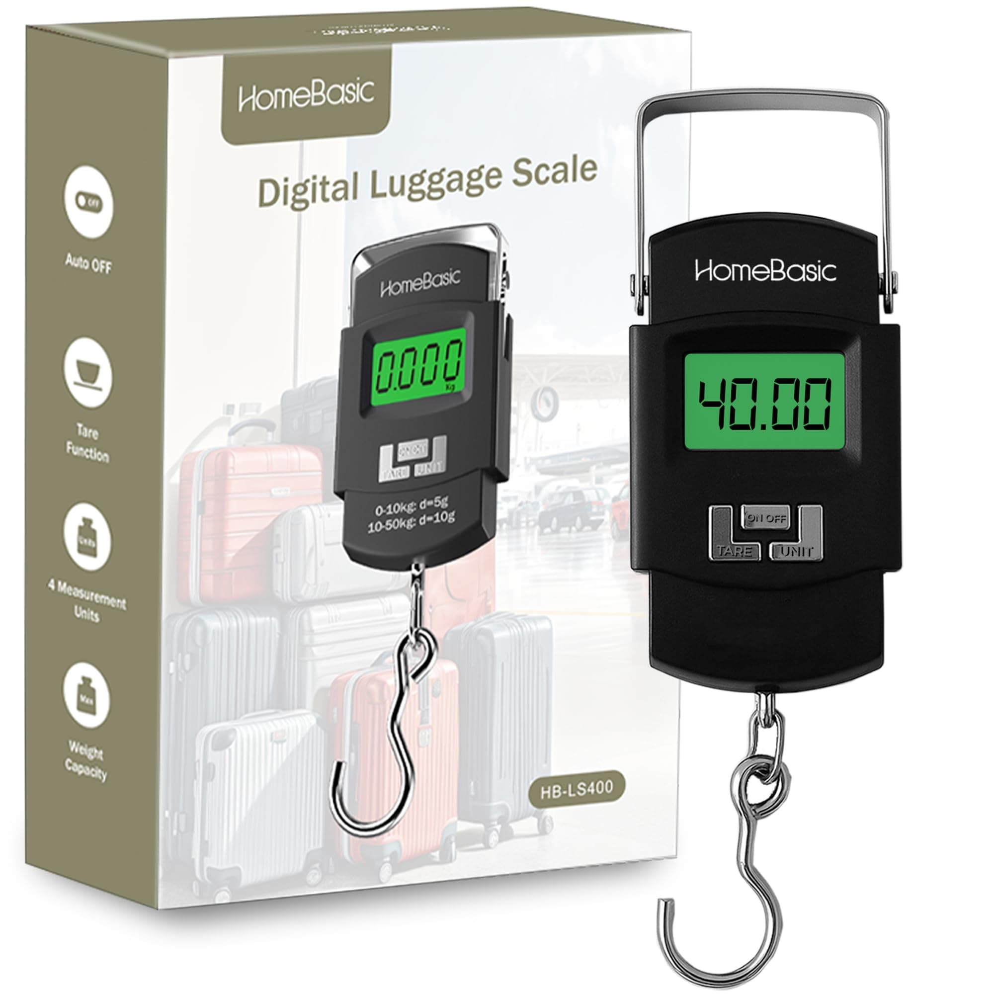HomeBasic Digital Luggage Weight Scale 50kg | Weighing Machine for Luggage Bags, 4 Weighing Modes (kg/lb/oz/jin), LCD Display, Tare Function, Auto-Off, Portable Travel Weighing Scale (Black)
