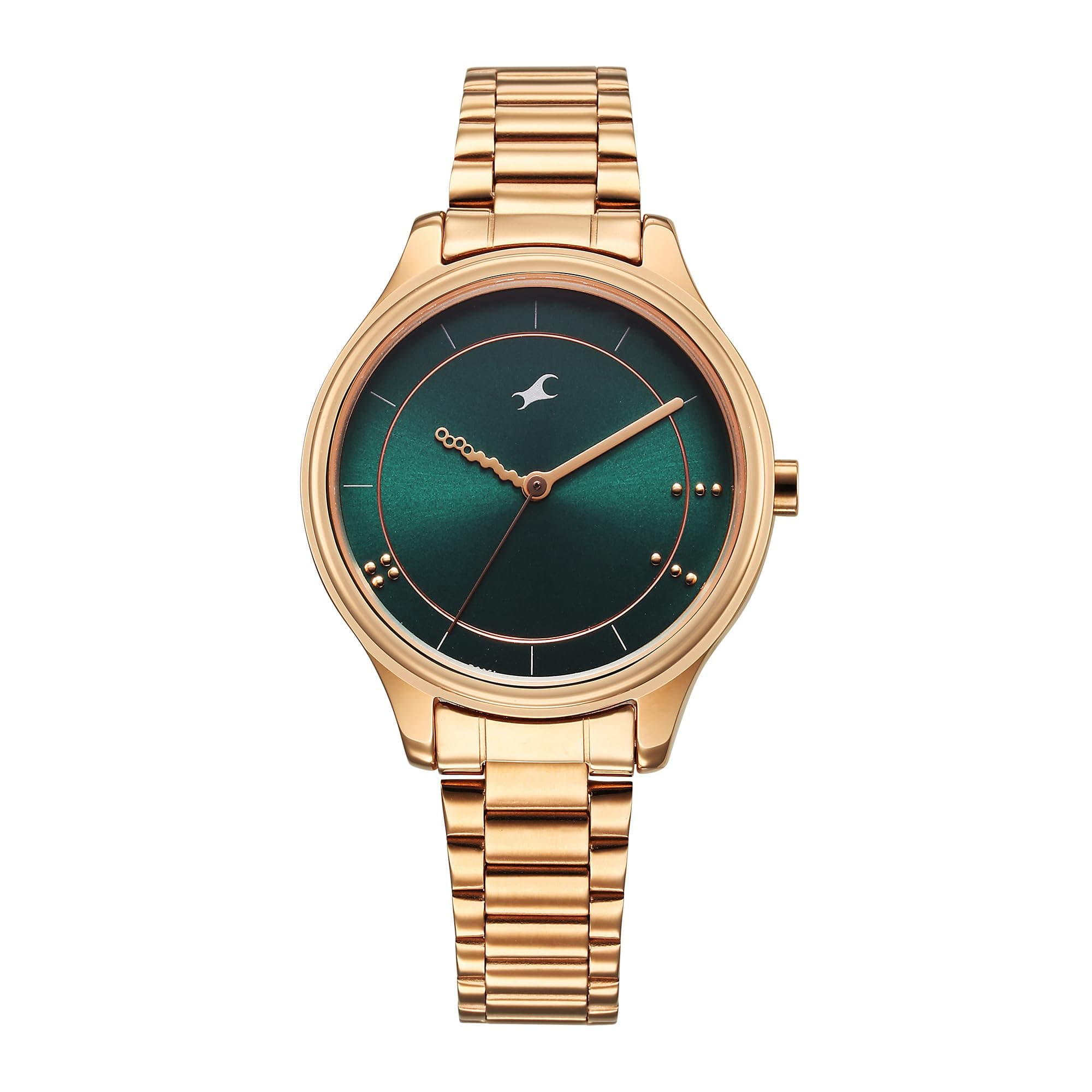 Fastrack Stunners Quartz Analog Green Dial Rose Gold Metal Strap Watch for Girls - NT6296WM02