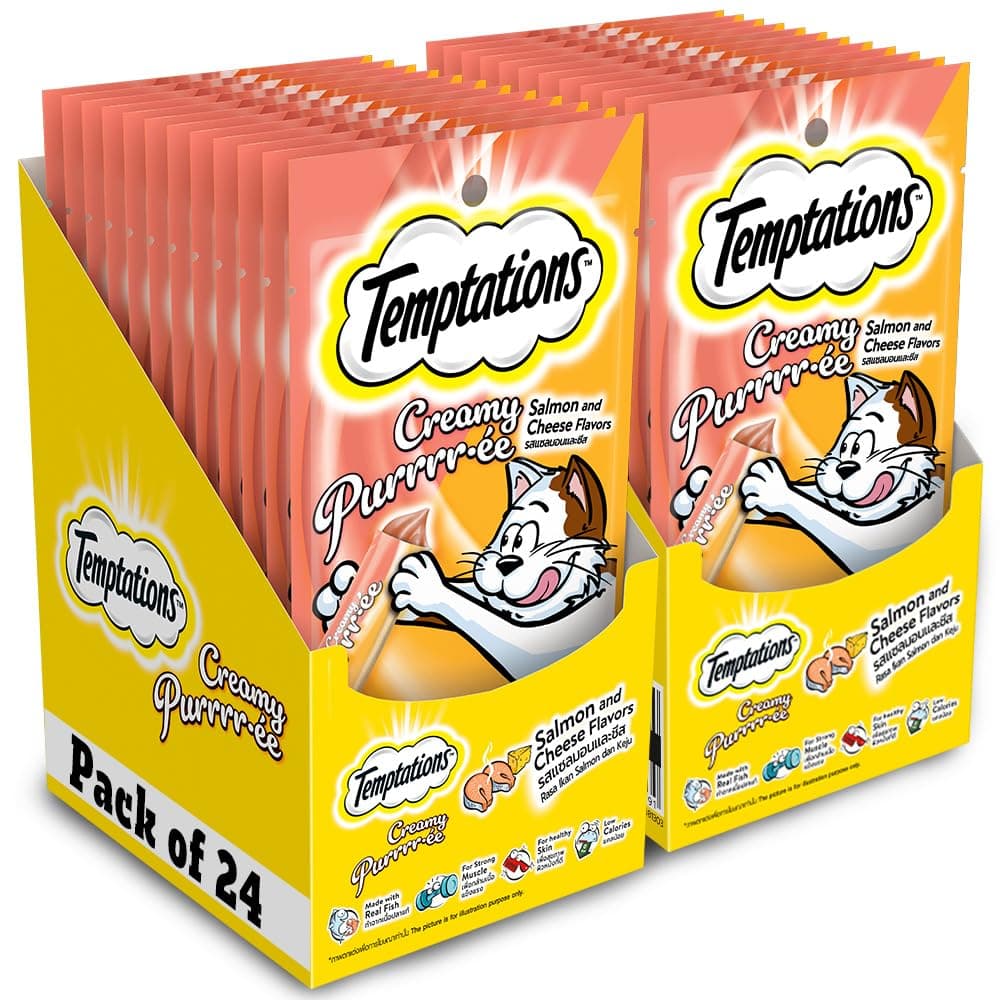 Temptations Creamy Purrrrr-ée Lickable Cat Treats, Salmon & Cheese Flavour, 48 g, (Pack of 24), Made with Real Fish, Goodness of Protein, Vitamins & Minerals, All Life Stages